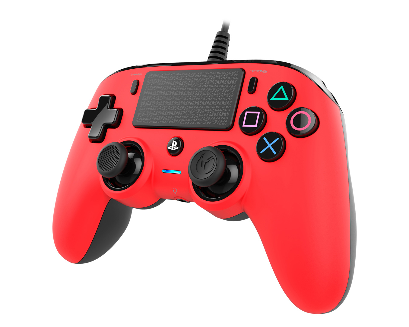 Roter Gamecontroller mit verschiedenen Tasten. Oben ist ein Kabel befestigt.