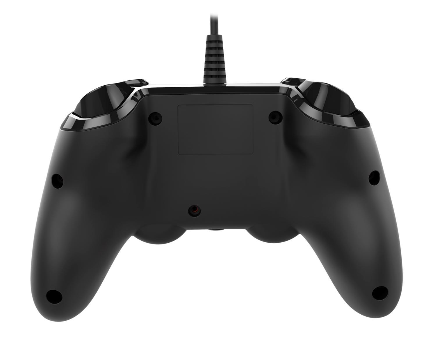 Schwarzes Gamepad, Unteransicht, mit Kabel. Knöpfe und Löcher sind sichtbar.