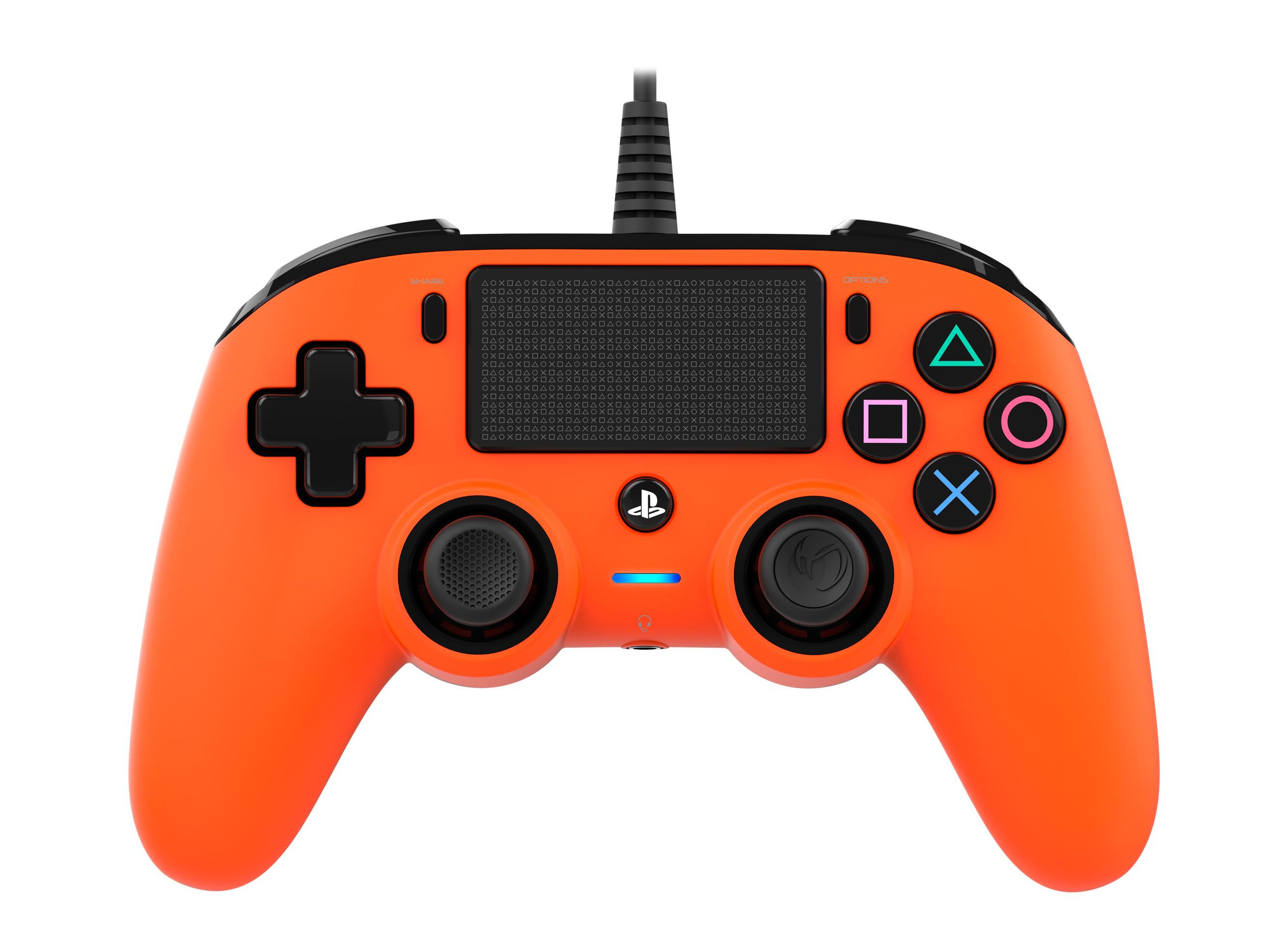 Oranger PS4-Controller mit schwarzen Knöpfen und blauem Licht. Er ist auf weißem Hintergrund isoliert.