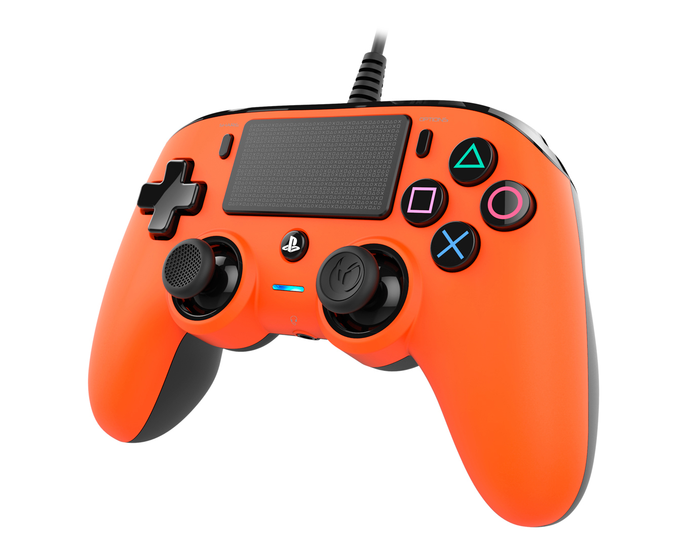 Orangener und schwarzer PlayStation-Controller mit Tasten und Joystick. Verkabelt.