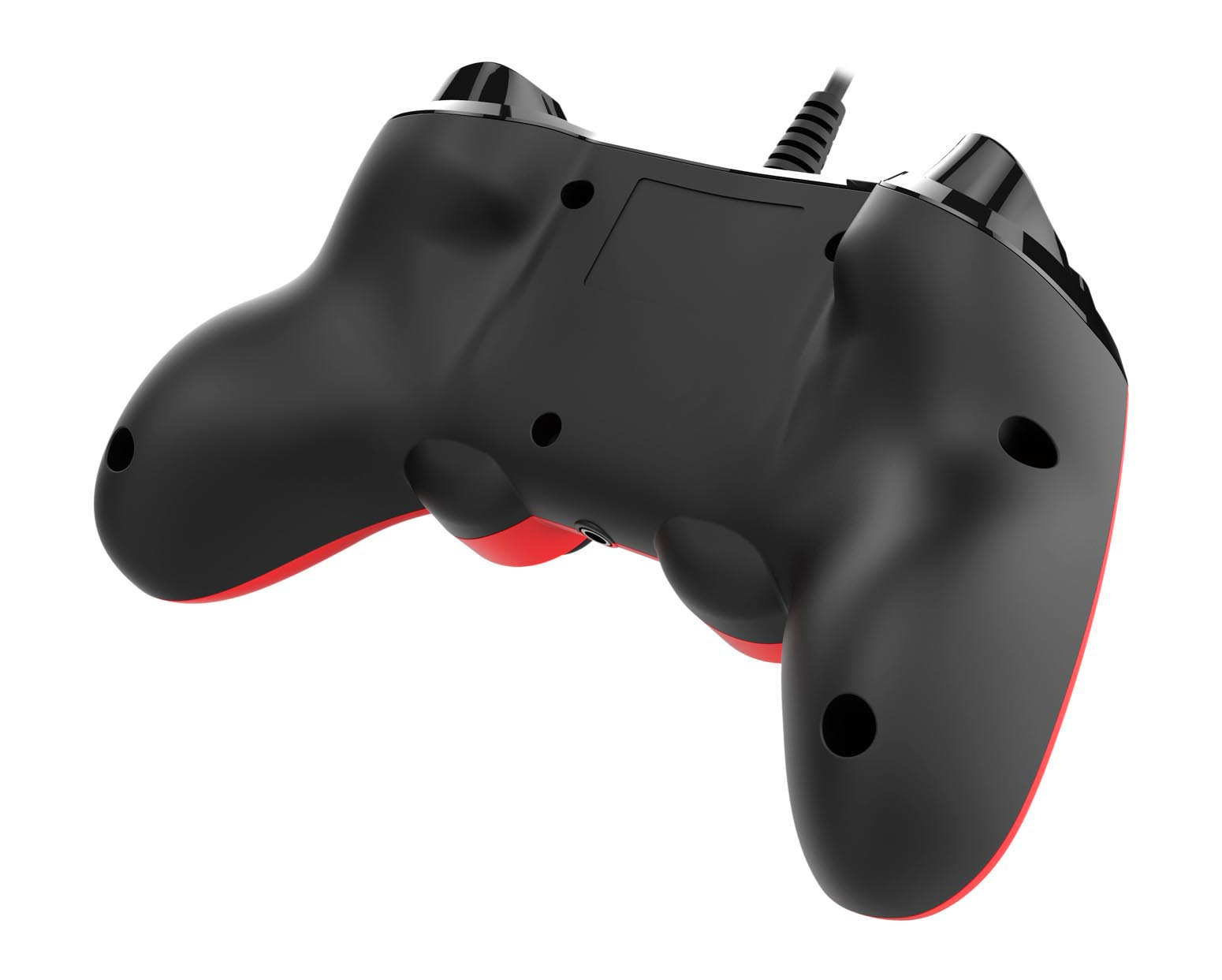 Schwarzer und roter Game-Controller. Die Unterseite ist sichtbar. Es hat ein Kabel.