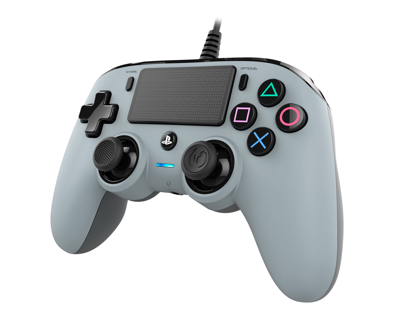 Ein hellgrauer Controller für die PlayStation 4 mit schwarzen Joysticks und Knöpfen in verschiedenen Farben.