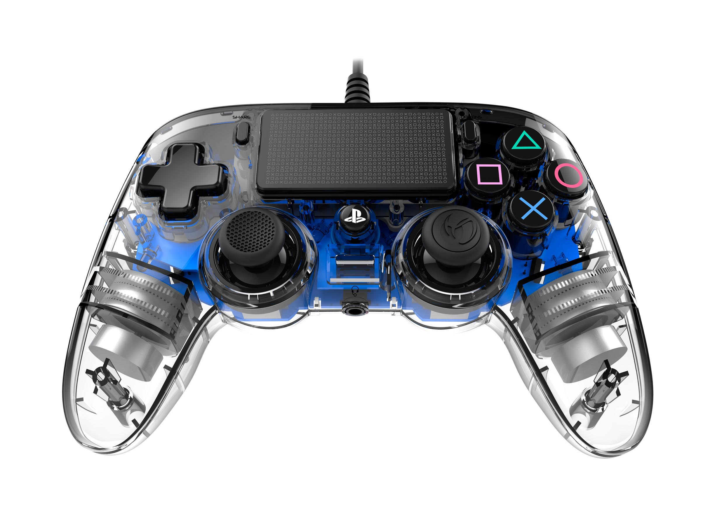 Transparenter Gamecontroller mit blauen Innenteilen und bunten Tasten.