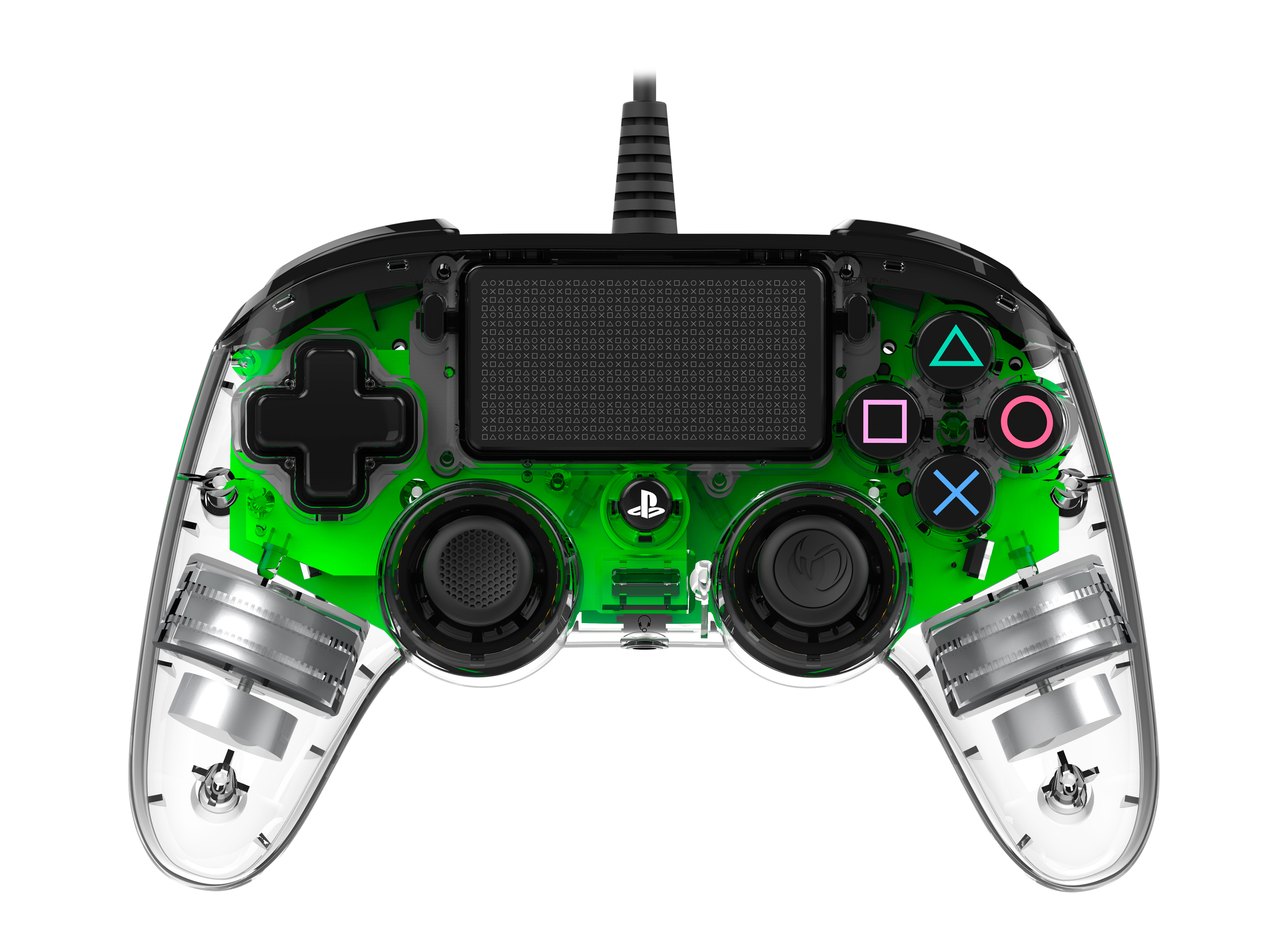 Transparenter Controller mit grüner Leiterplatte. Verfügt über Tasten und Joysticks.