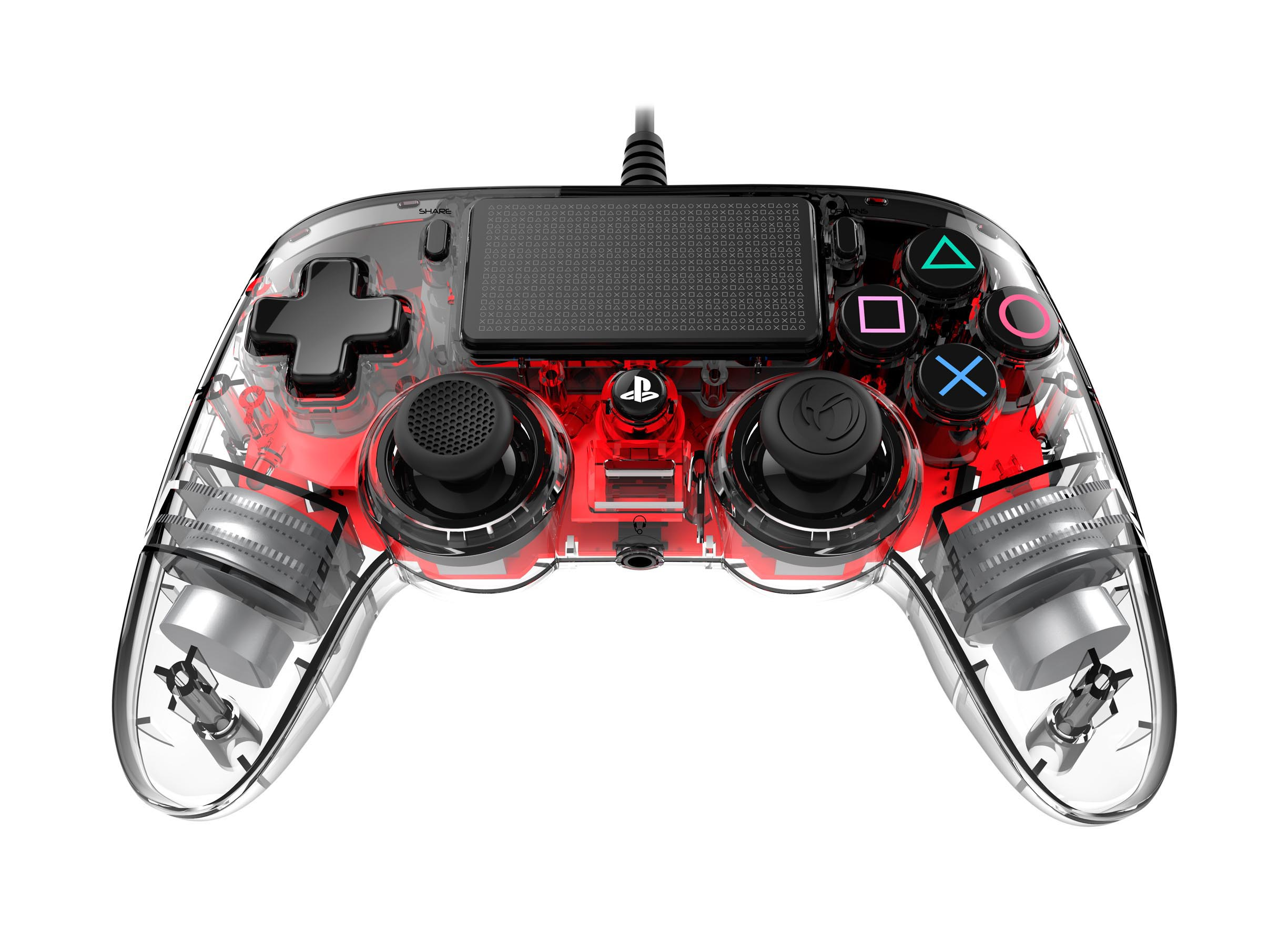 Transparenter PlayStation-Controller mit roten Innenkomponenten und farbigen Tasten.