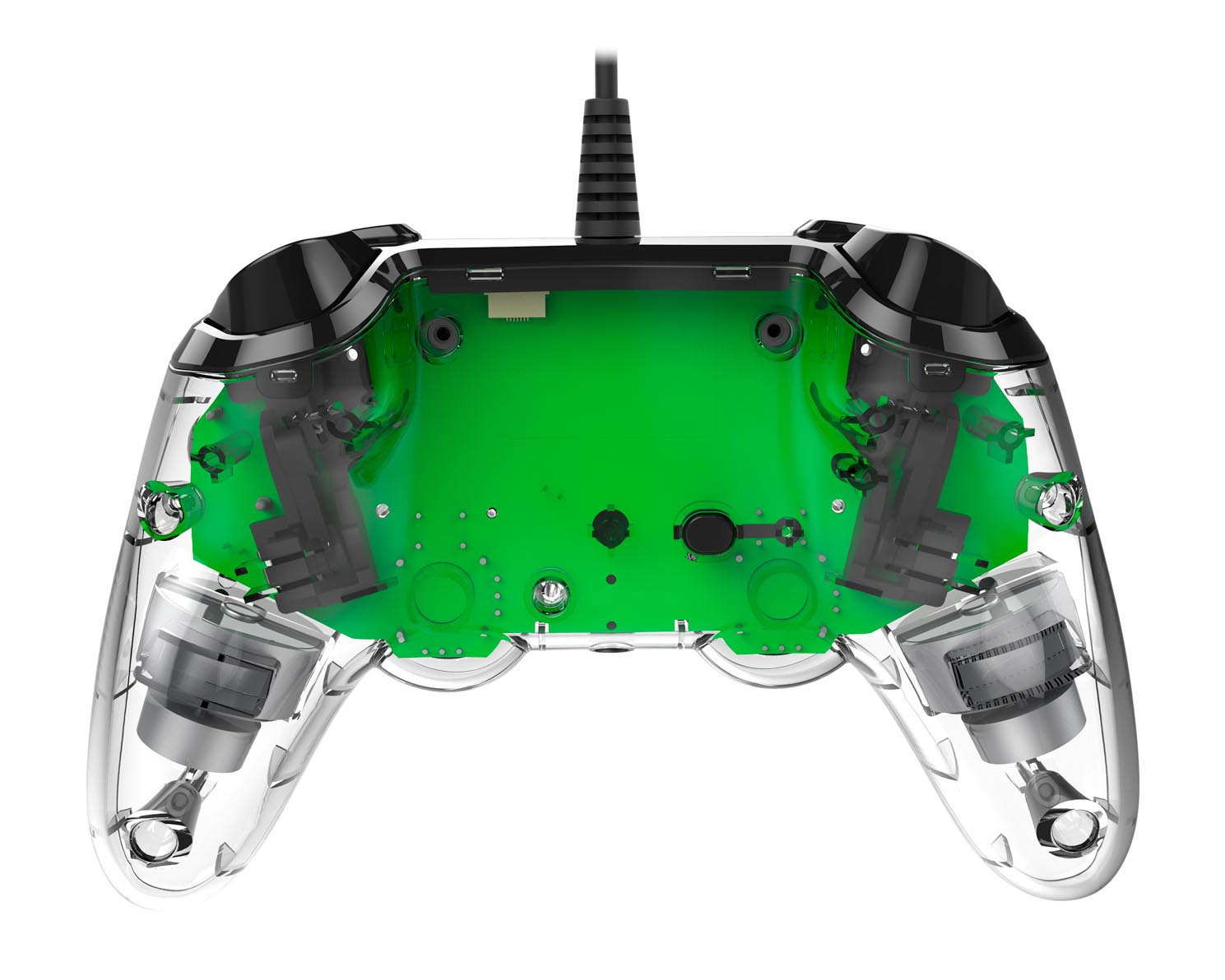 Ein transparenter Gaming-Controller mit grüner Leiterplatte und sichtbaren internen Mechanismen.
