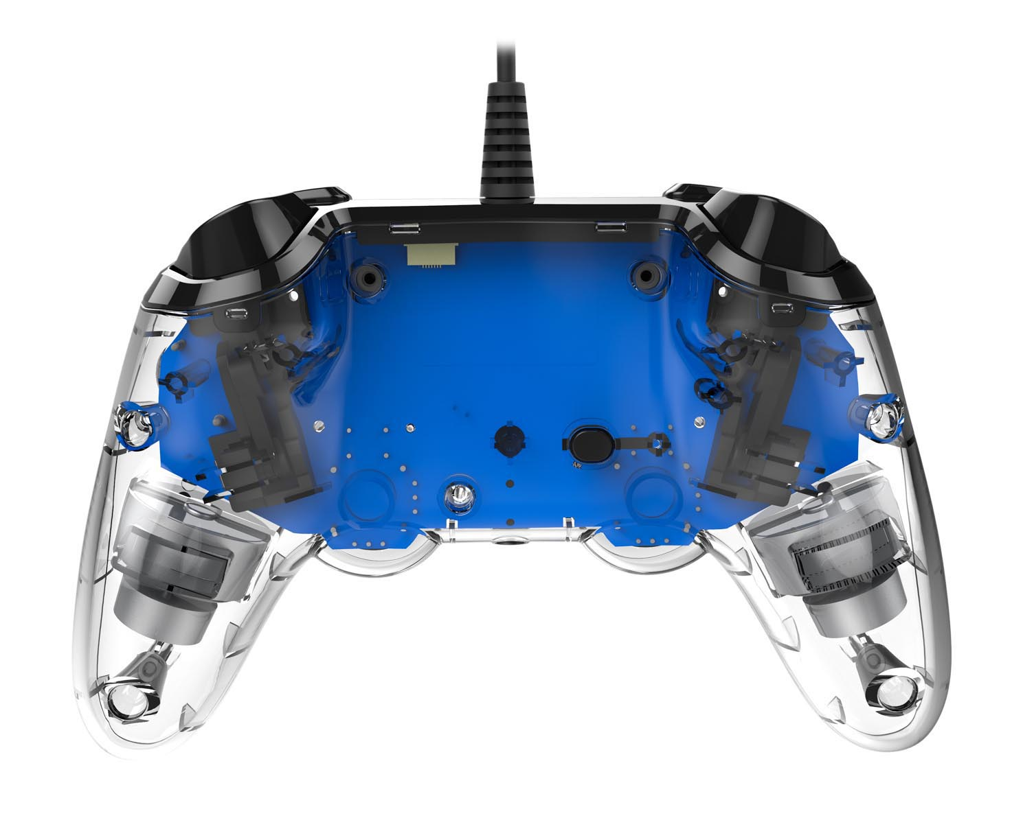 Ein durchsichtiger Gamecontroller mit blauem Innenraum, der interne Komponenten und ein Kabel zeigt.