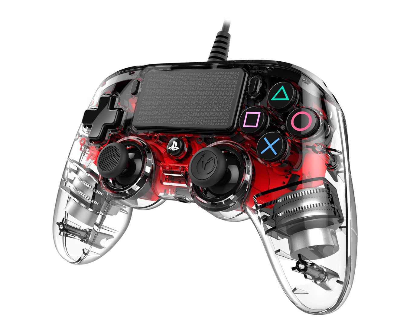 Transparenter Game-Controller. Die internen Komponenten sind sichtbar, mit roten und schwarzen Akzenten und Knöpfen.