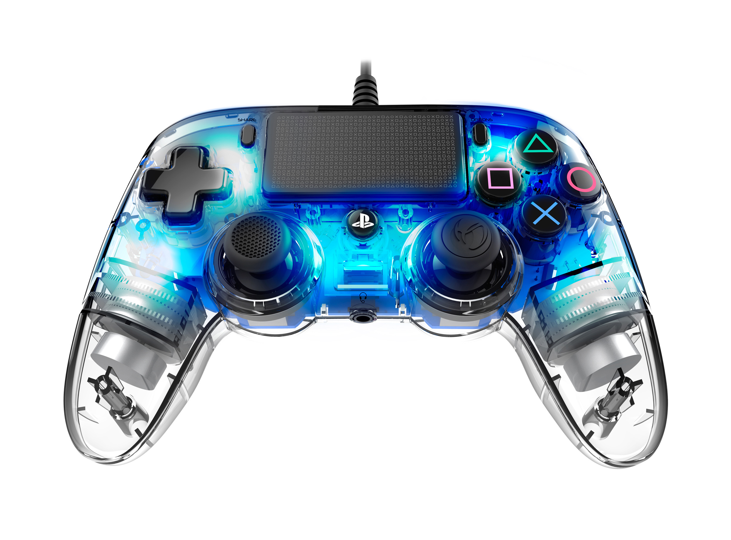 Transparenter blauer Gaming-Controller mit Knöpfen. Schwarze Griffe und schwarze Oberseite.