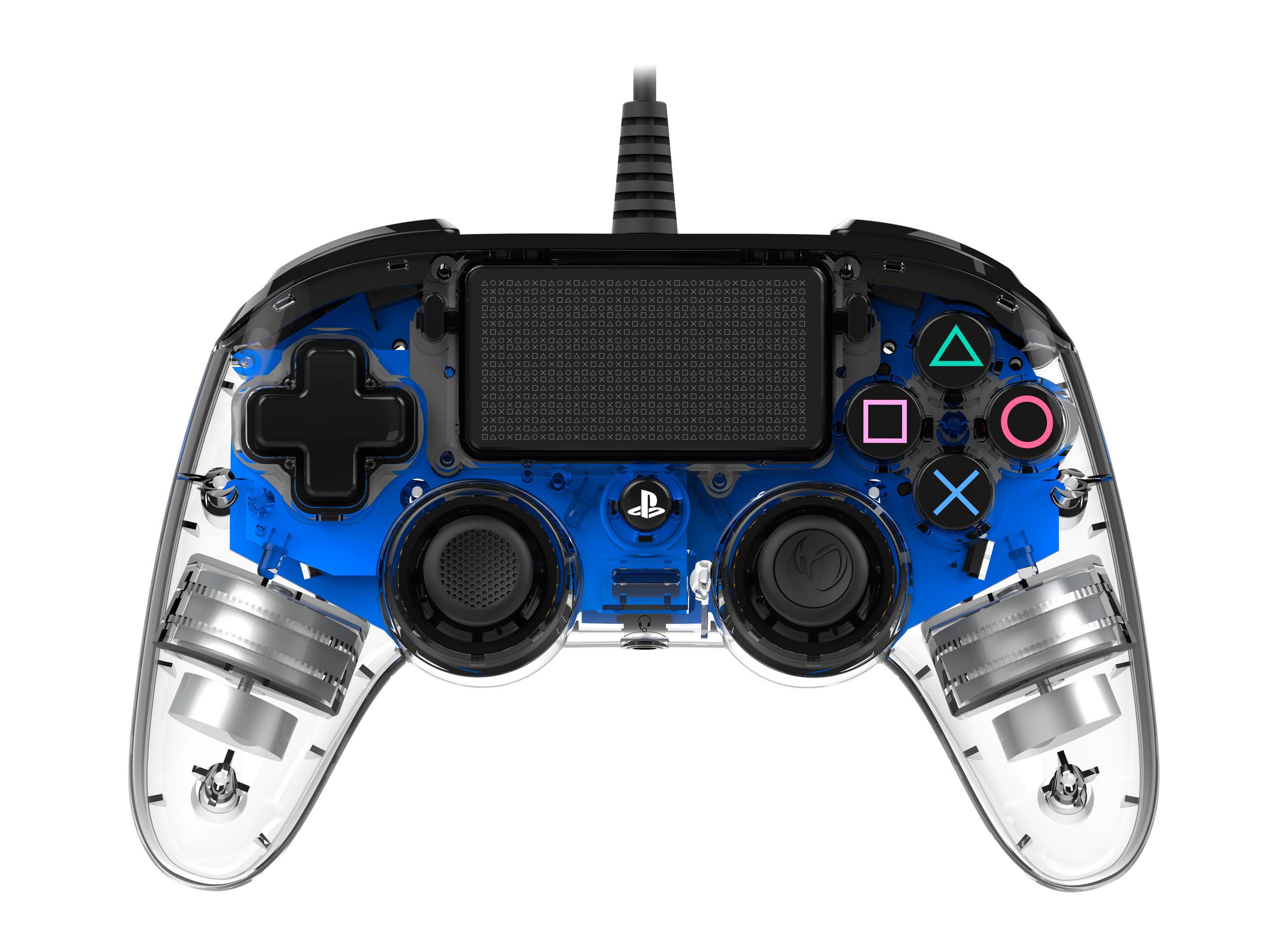 Ein transparentes PS4-Gamepad mit blauem Innenraum, das interne Komponenten zeigt.