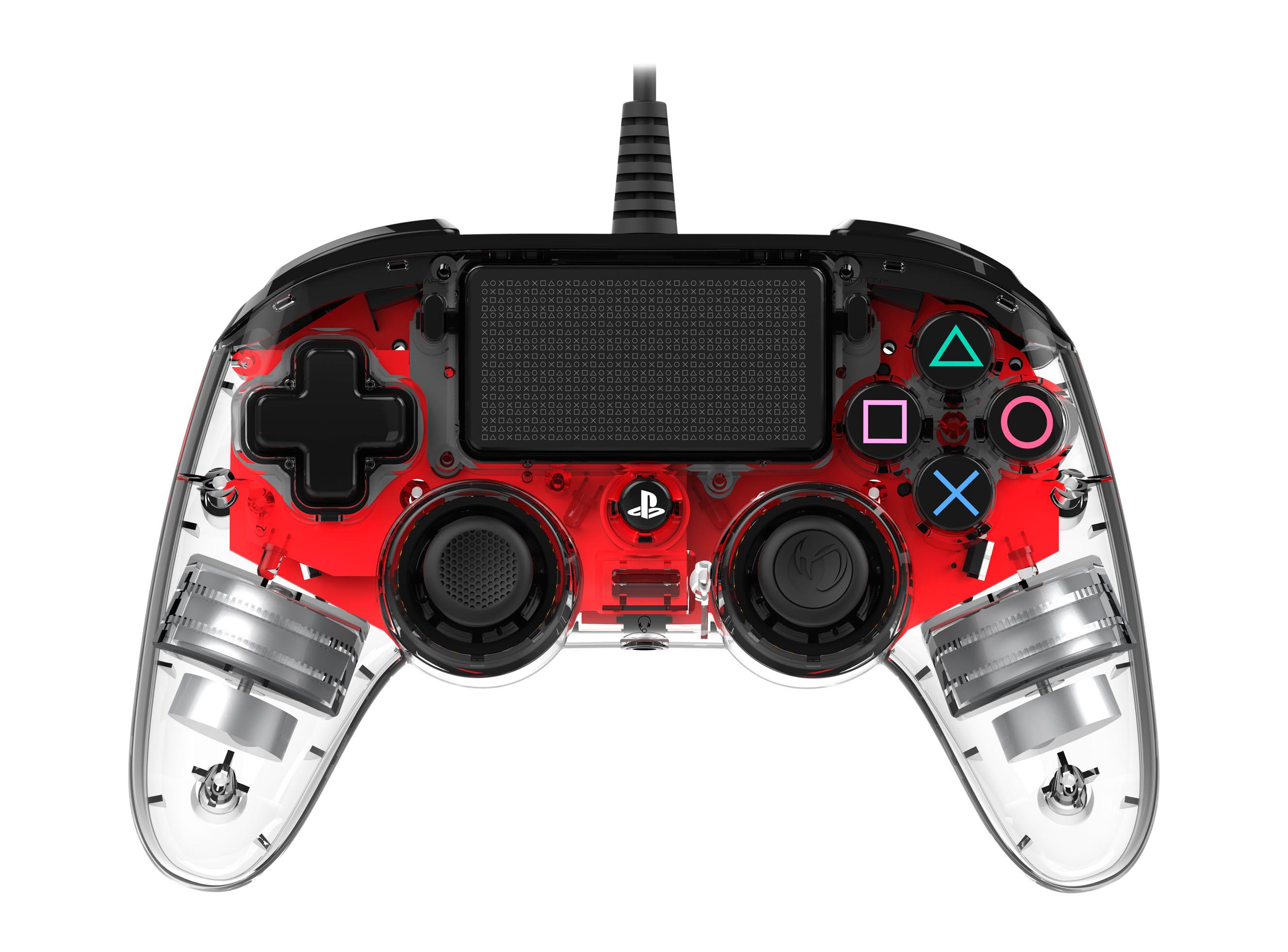 Ein transparentes Playstation-Controller mit roten Innenteilen.
