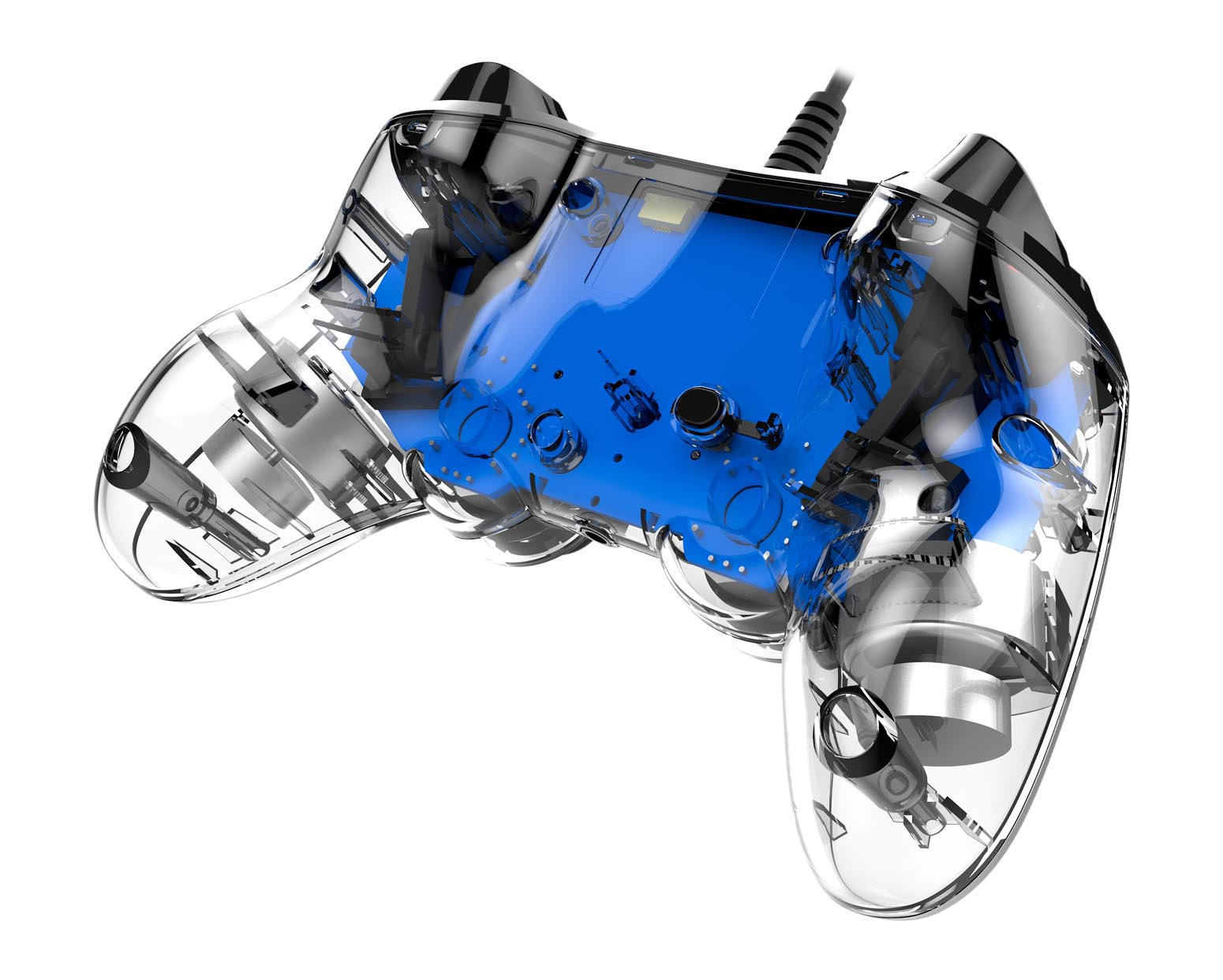 Transparenter blau-silberner Gamecontroller mit sichtbaren internen Komponenten und Draht.