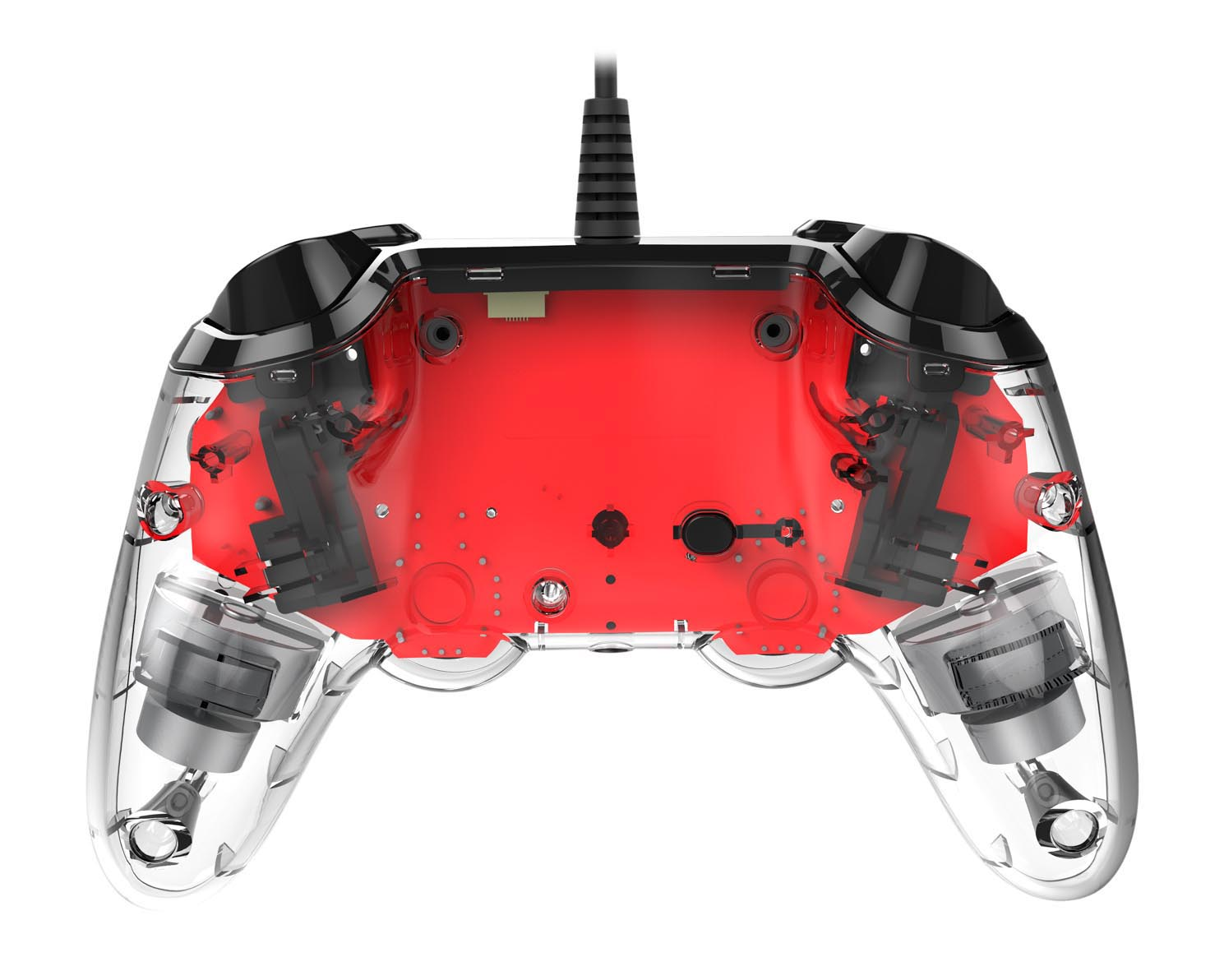 Ein transparenter Gamecontroller mit rotem Innenraum, schwarzen Akzenten und Kabelanschluss.