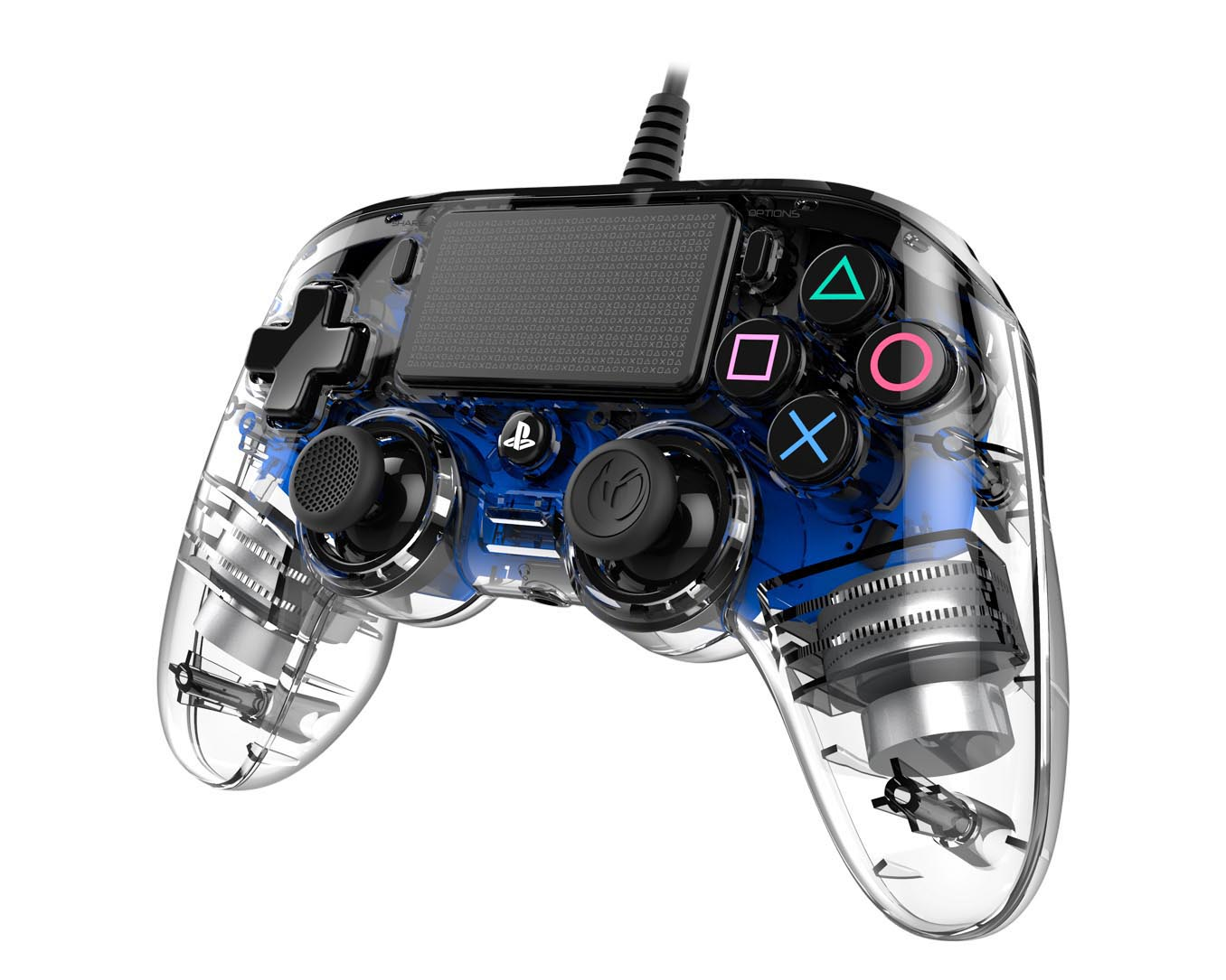 Transparenter PlayStation 4-Controller. Er hat blaue Akzente und farbige Tasten-Symbole.