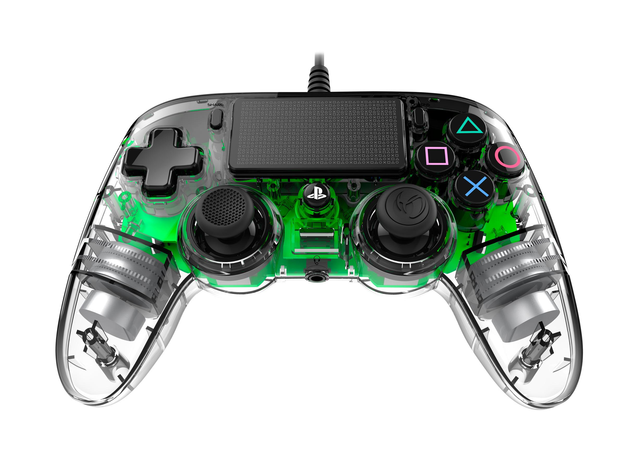 Transparenter PlayStation-Controller mit grünen Innenteilen.