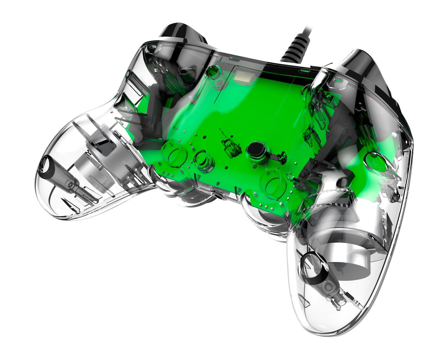 Ein transparenter Gaming-Controller mit sichtbaren internen Komponenten, auf weißem Hintergrund.
