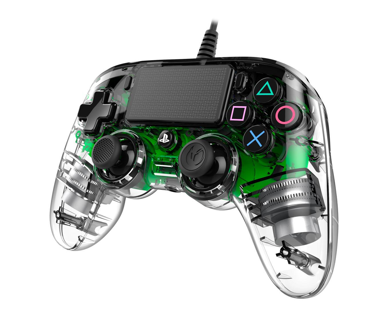 Transparenter Gamecontroller, grüner Innenraum, verschiedene Knöpfe und Kabelanschluss.