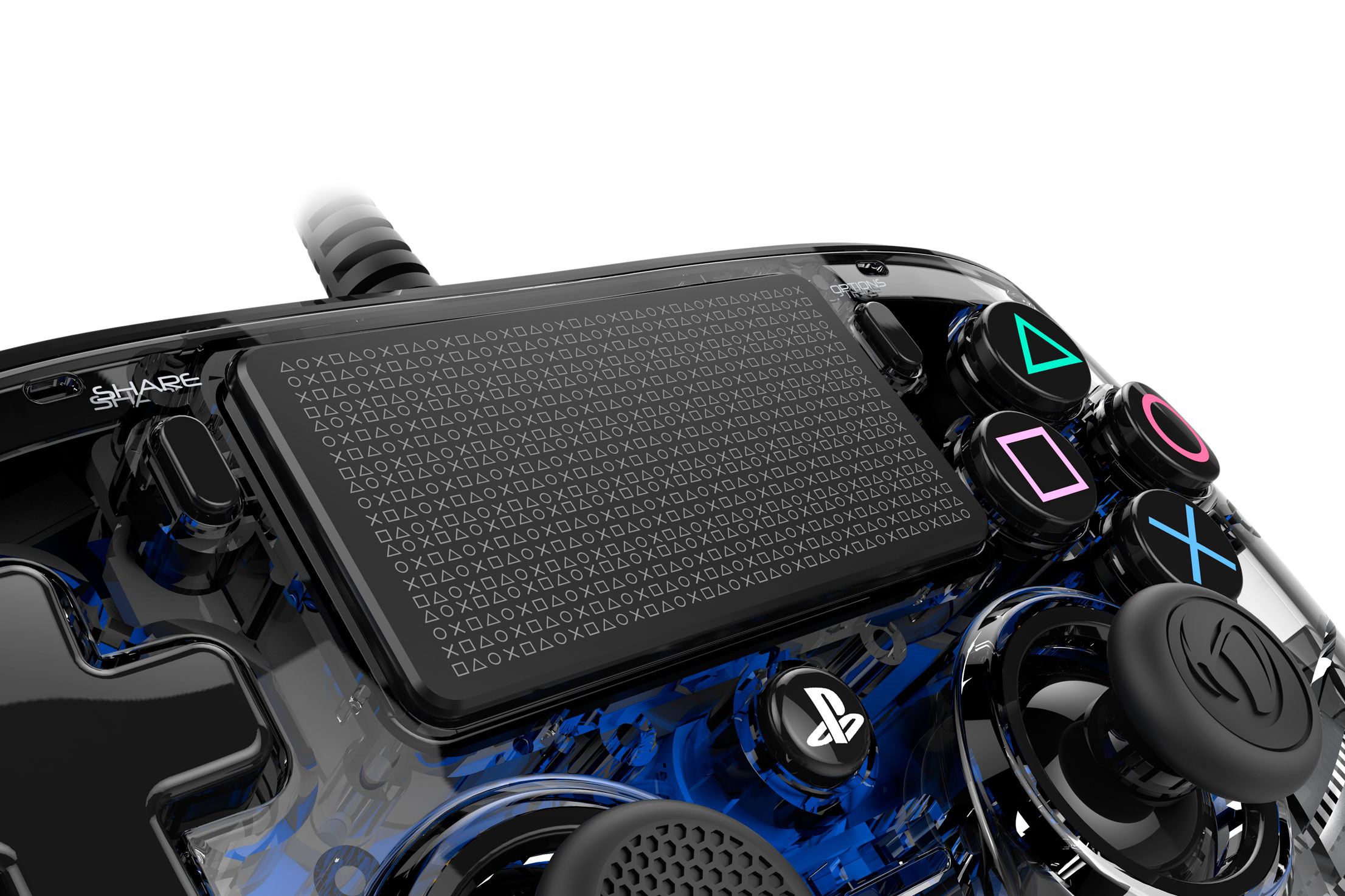 Nahaufnahme eines durchscheinenden schwarz-blauen PlayStation-Controllers mit Tasten.