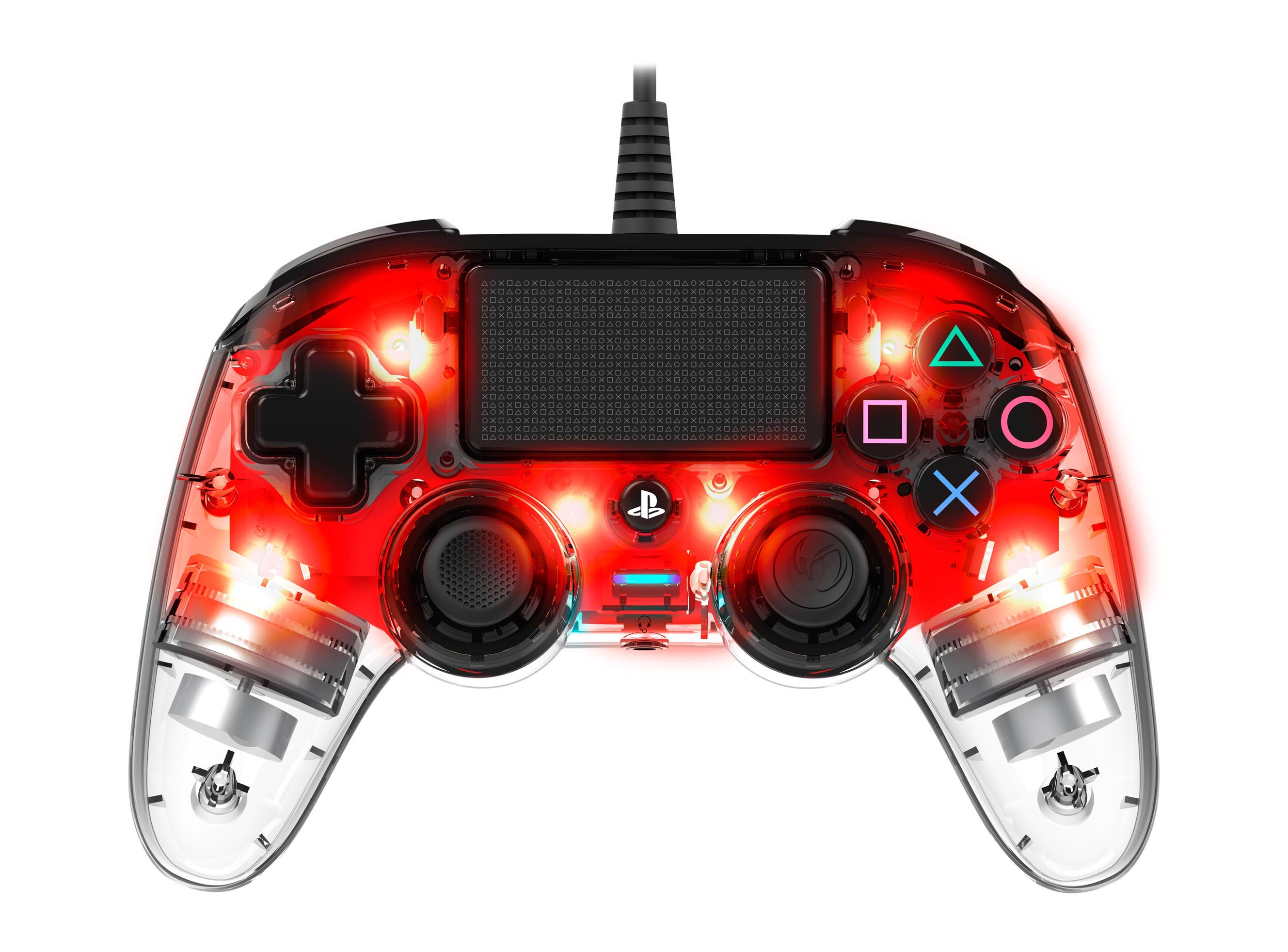 Transparenter PS4-Controller mit roter Innenbeleuchtung. Knöpfe sind sichtbar. Schwarzes Kabel befestigt.