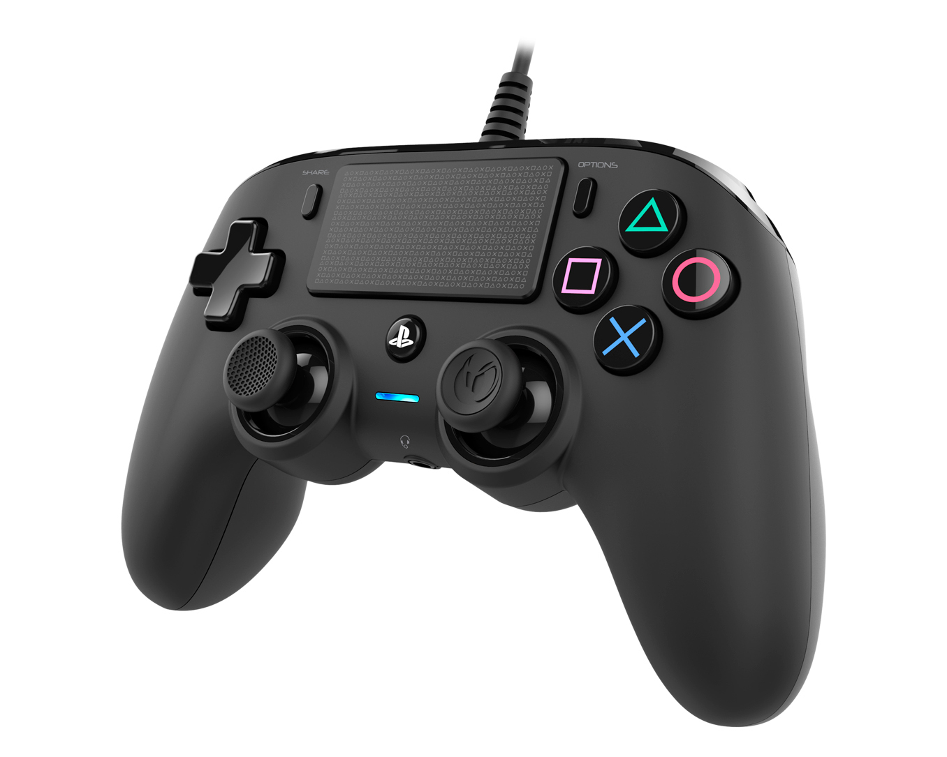 Ein schwarzer Playstation-Controller mit verschiedenen Tasten. Der Controller befindet sich auf weißem Grund.
