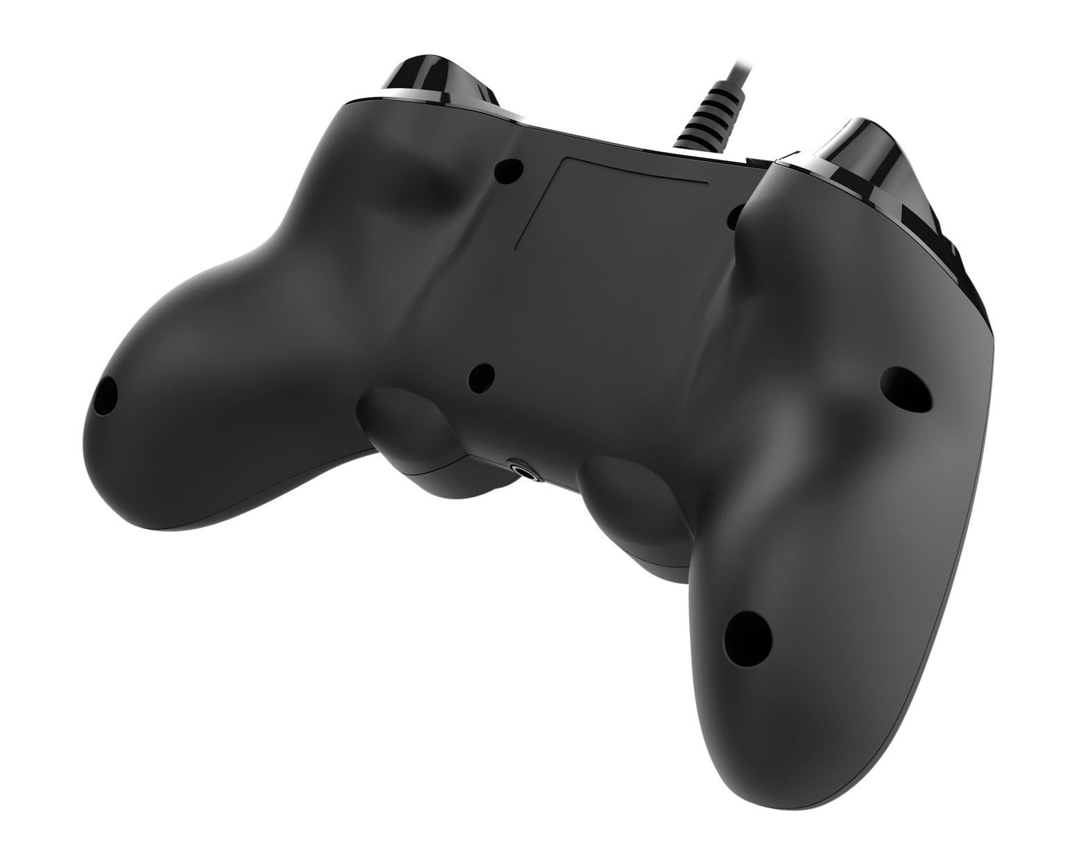 Schwarzer Gamecontroller mit Knöpfen, von hinten gesehen.