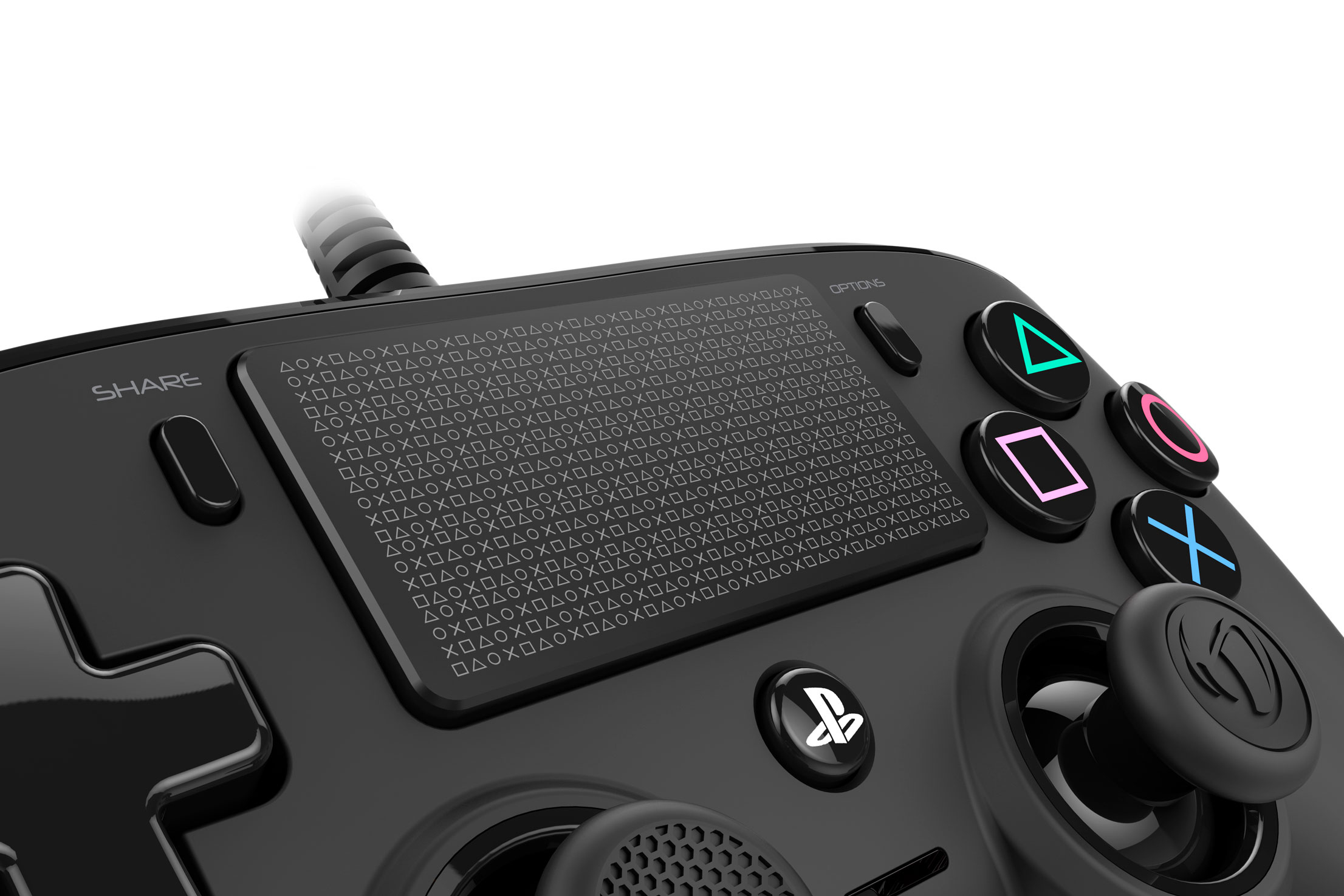 Nahaufnahme eines schwarzen PlayStation-Controllers. Knöpfe und Joystick sind sichtbar.