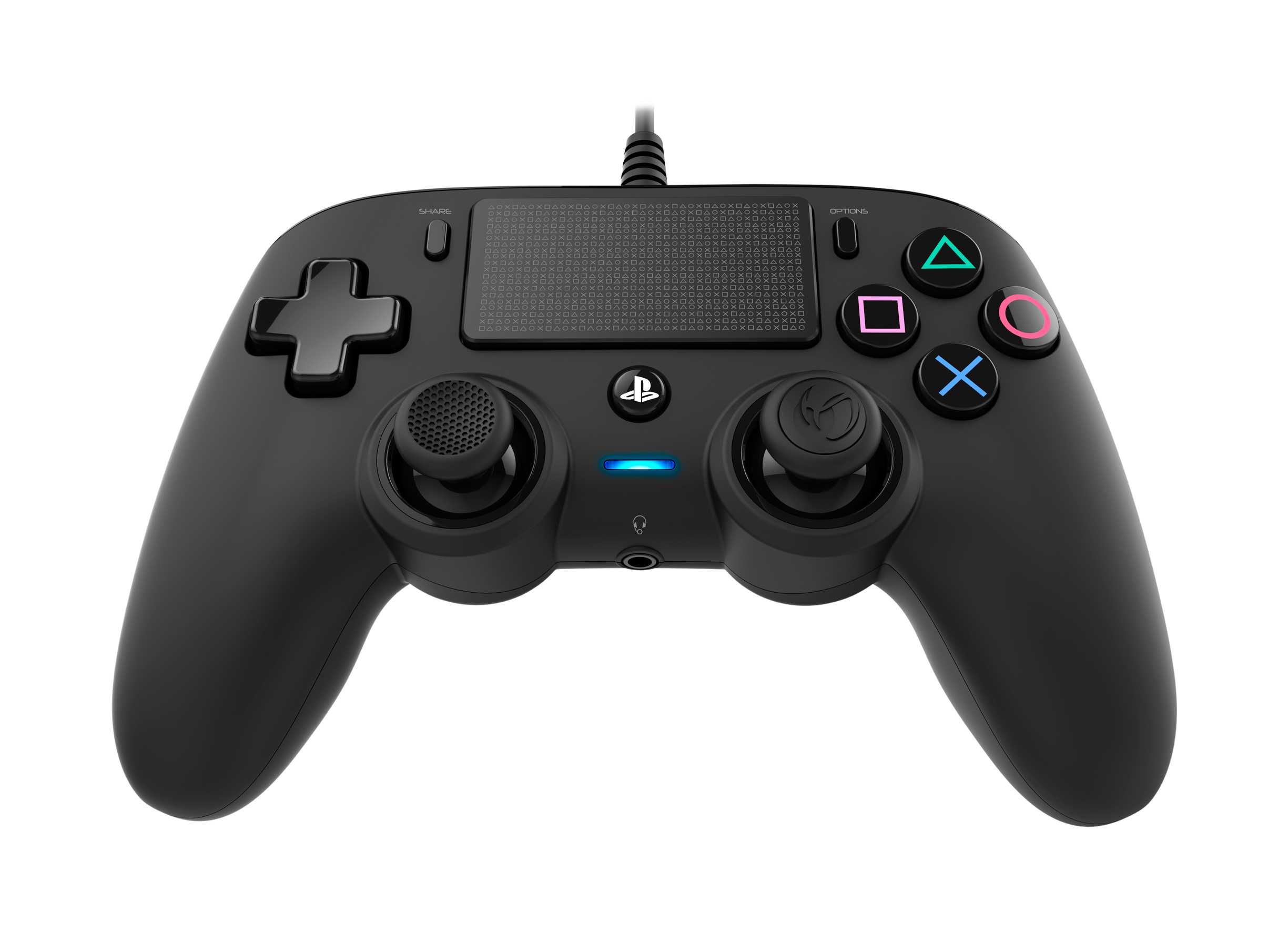 Schwarzer PlayStation-Controller mit mehreren Tasten und Kabelanschluss.