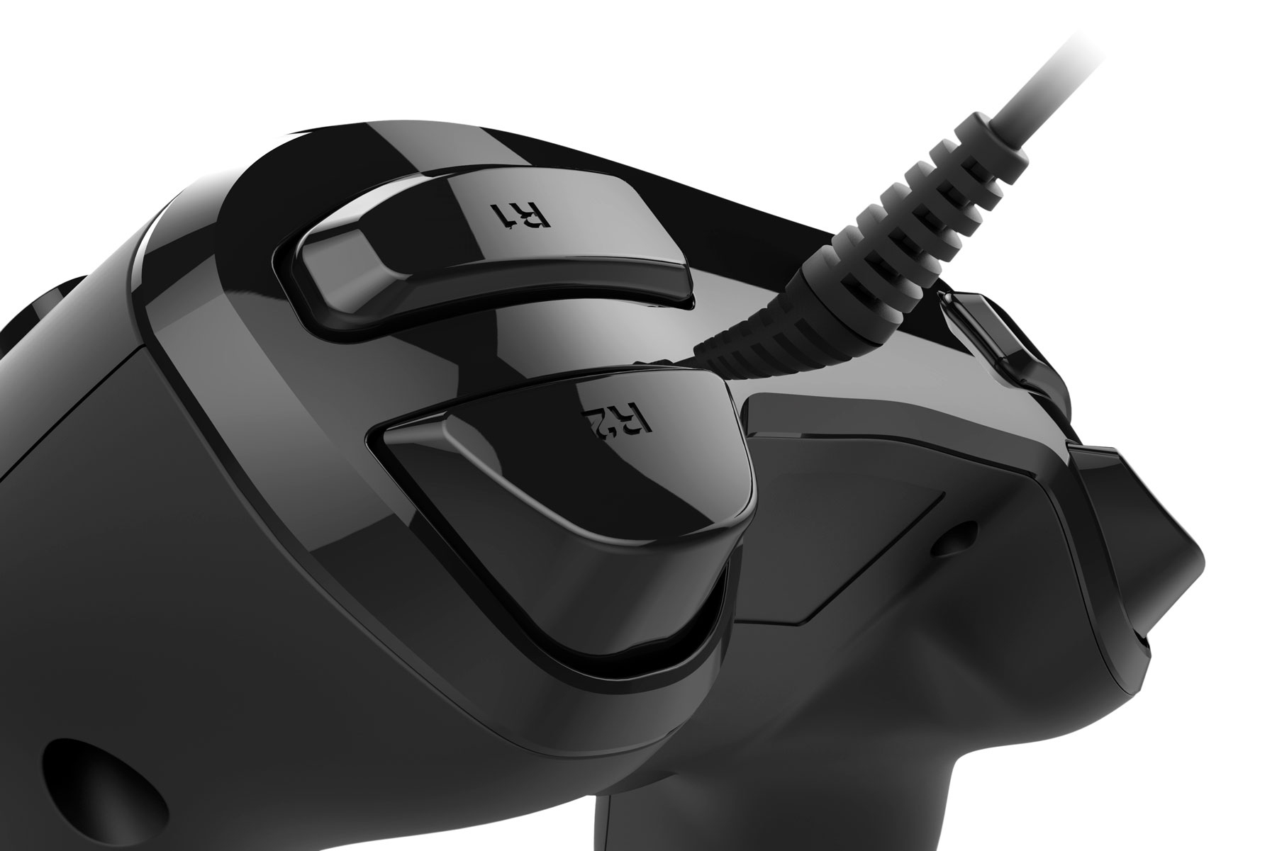 Nahaufnahme eines schwarzen Gamecontrollers mit Tasten L1, R1, L2, R2.