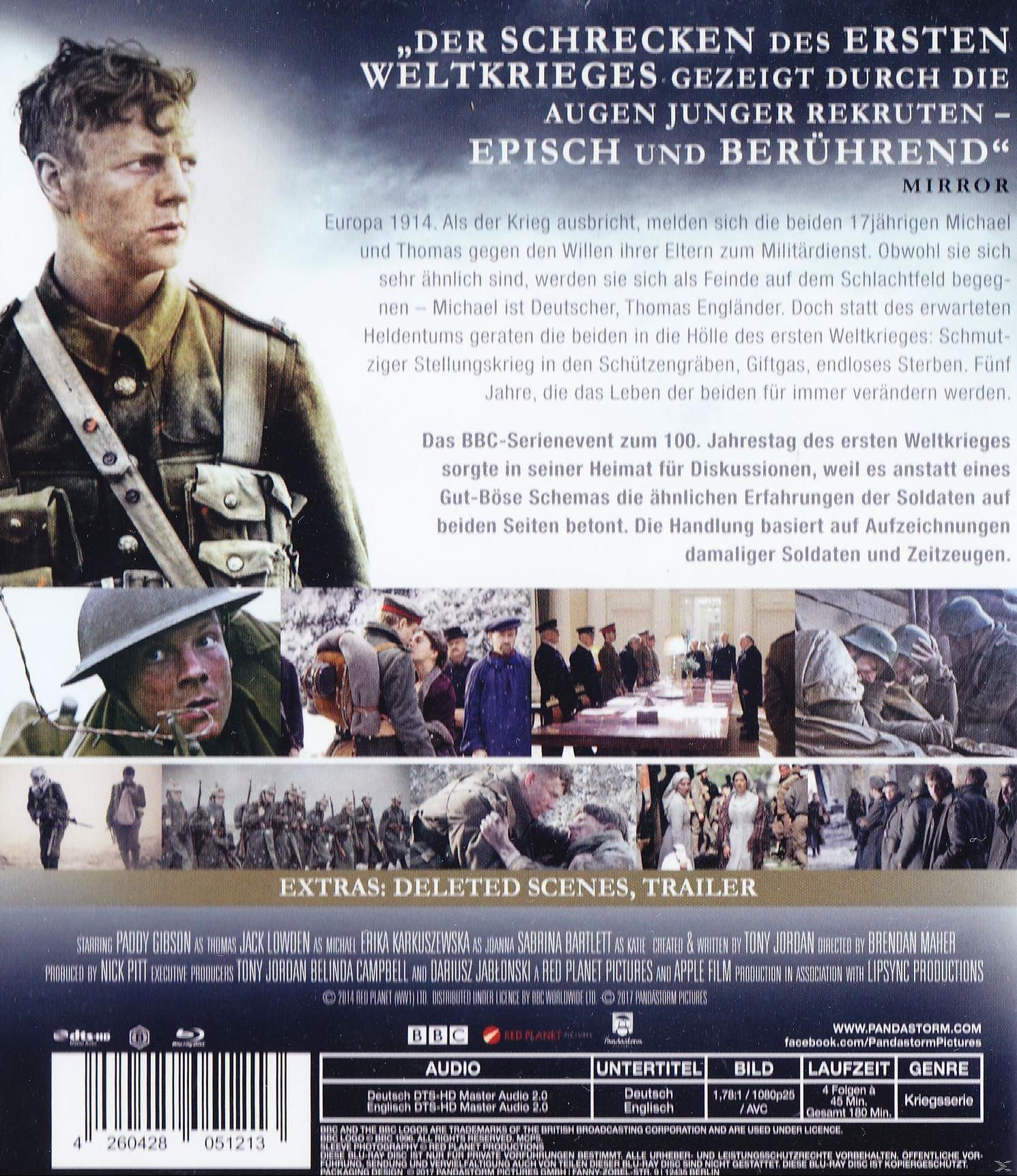 Filmcover mit einem Soldaten in einer Kriegsszene und anderen Szenen. Text in Deutsch und Englisch.