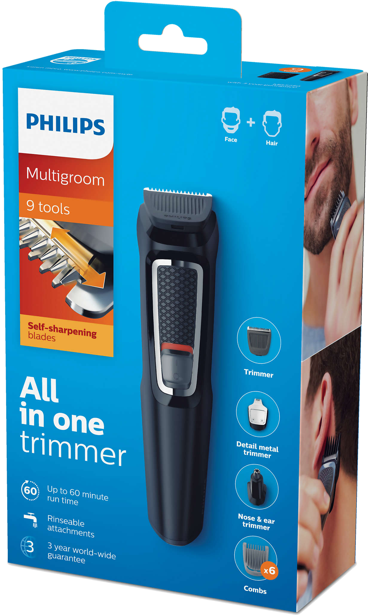 Philips Multigroom csomag. Egy ápoló trimmer, a trimmer és a tartozékok képeivel.