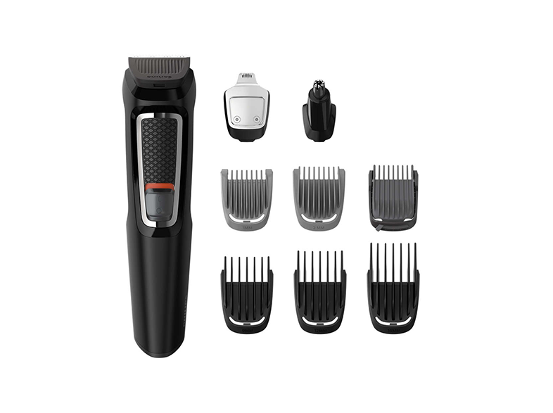 Fekete Philips multi-groomer különböző fejekkel a nyíráshoz, borotváláshoz és formázáshoz.