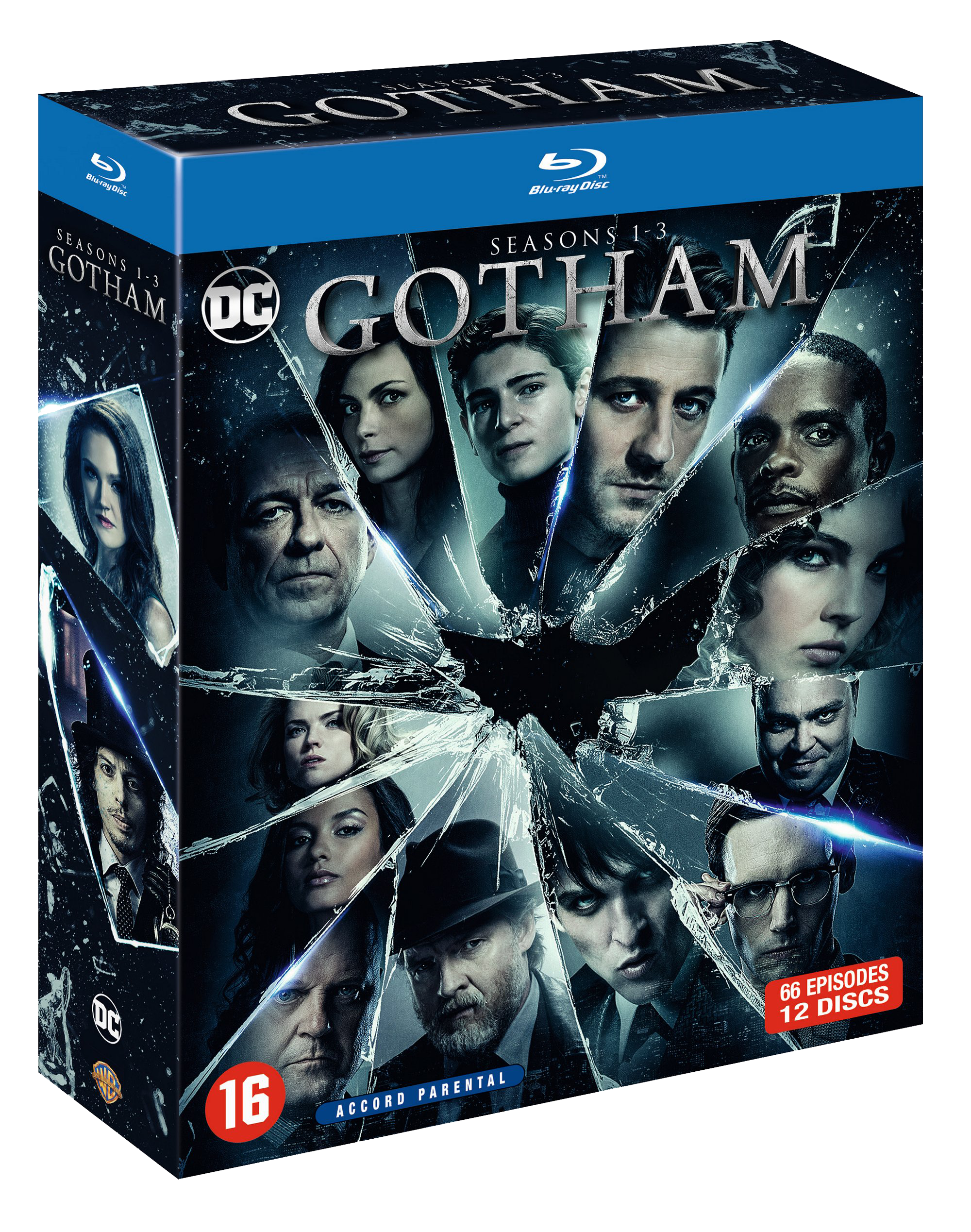 Gotham Seizoenen 1-3 Blu-ray box. Gezichten van personages door gebroken glas. 66 afleveringen, 12 schijven.