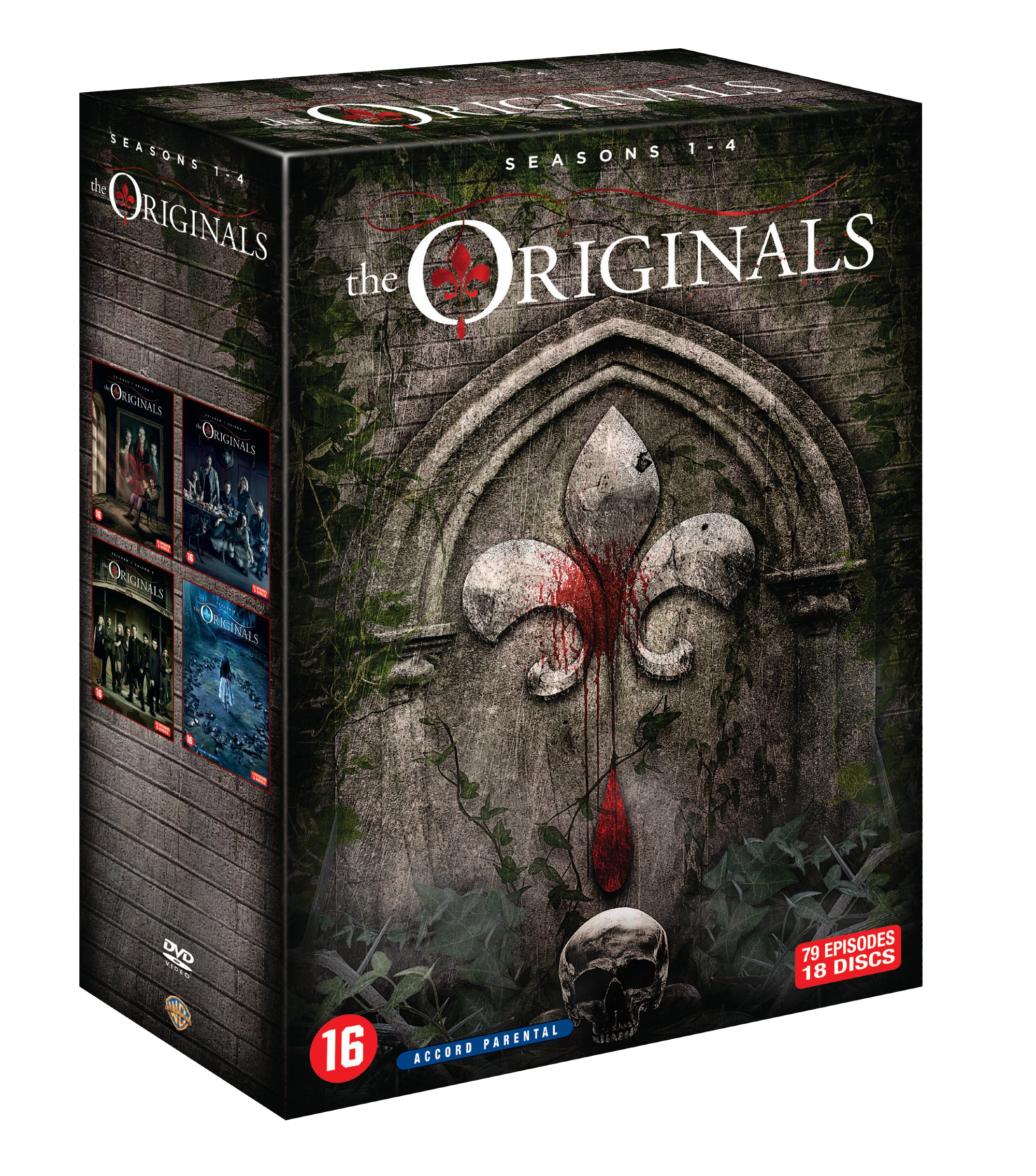 DVD-boxset van The Originals seizoenen 1-4. Toont een lelie met bloed en een schedel.