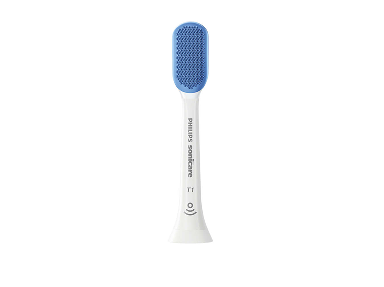 Philips Sonicare T1 fogkefefej. Fehér és kék. Fehér háttér.