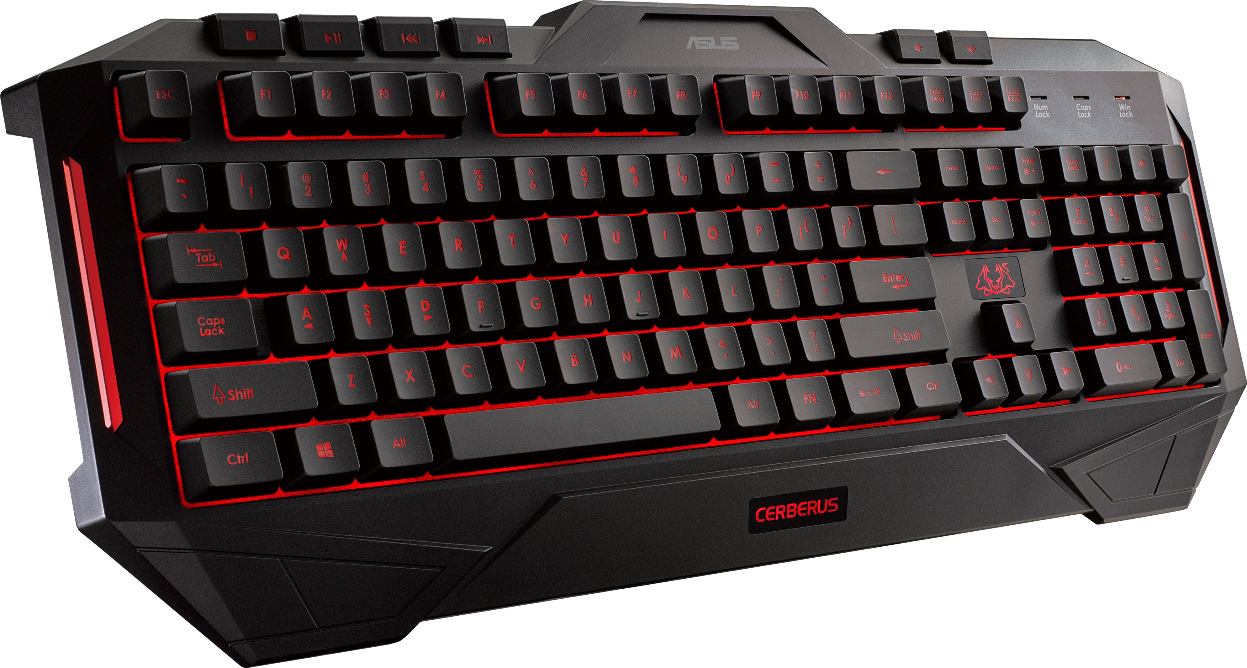 Fekete gamer billentyűzet pirosan világító gombokkal, funkcióbillentyűkkel, betűkkel és számokkal. Asus logó látható.