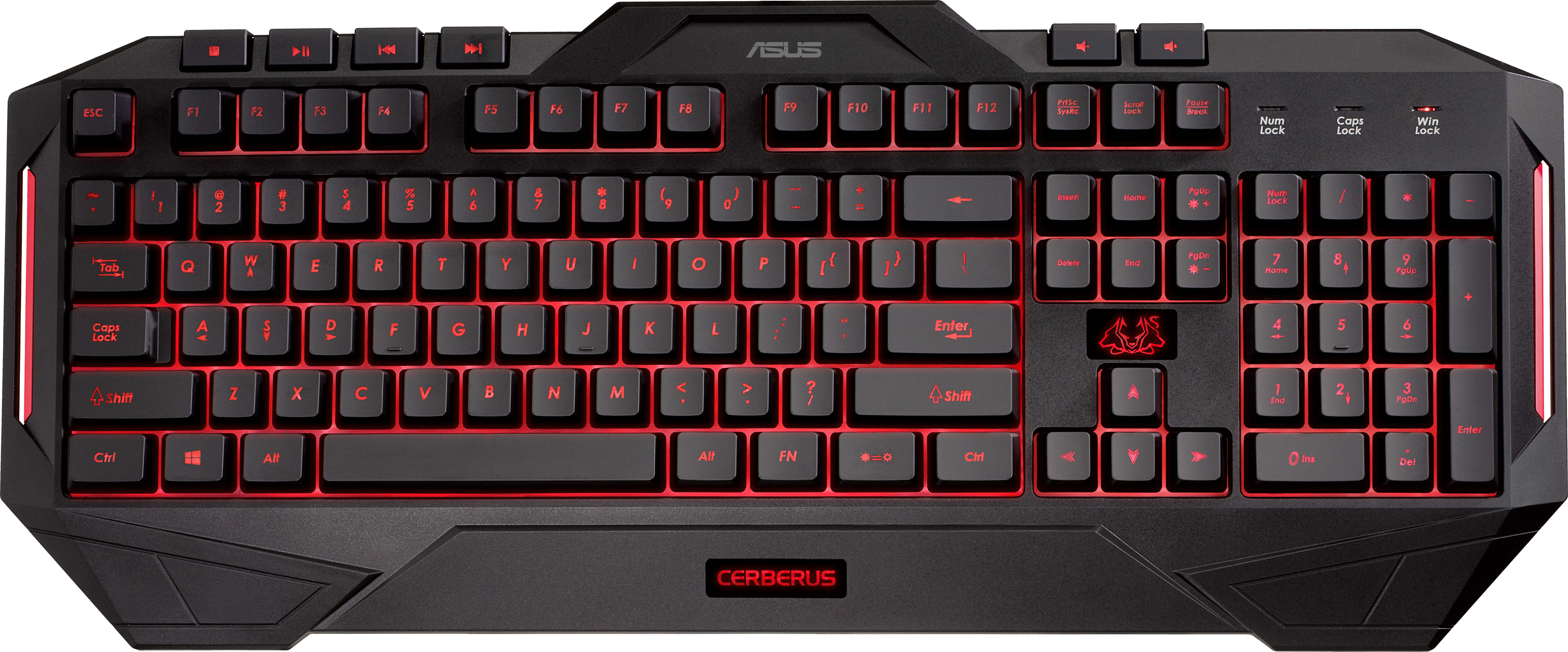 Fekete gamer billentyűzet piros háttérvilágítású gombokkal. Funkcióbillentyűket, betűket és Cerberus logót tartalmaz.