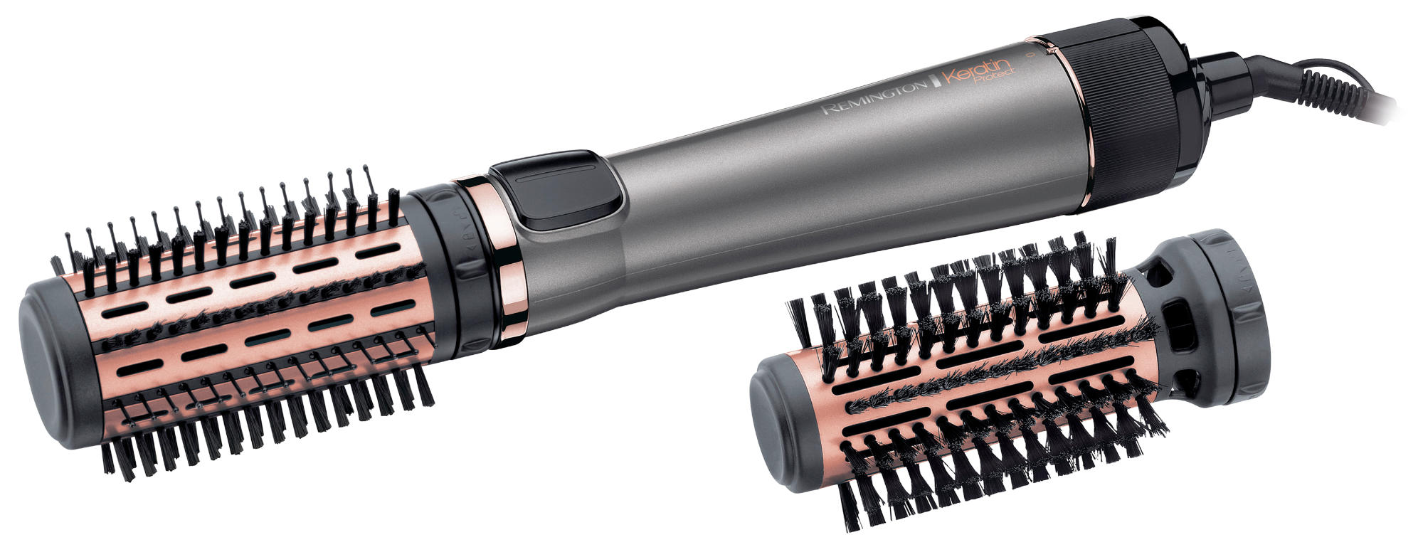 Haarstyler mit zwei Bürstenaufsätzen, metallgrauem Gehäuse, schwarzen Akzenten und einem Kabel.