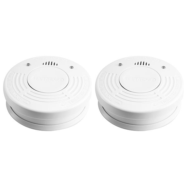 Twee witte rookmelders, circulair, met een centrale knop en ventilatiegaten.