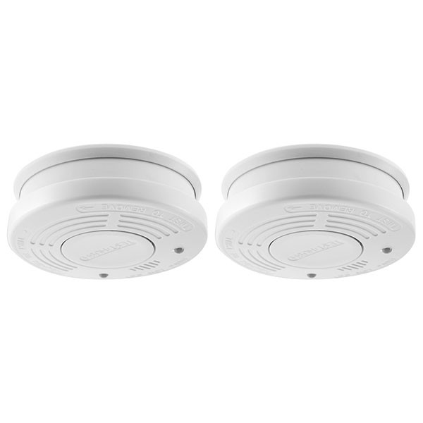 Twee witte rookmelders met een grijze ring en een testknop.