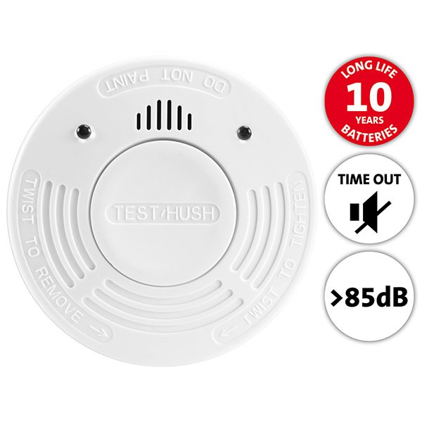 Witte rookmelder met testknop en batterij-indicator. Tekst: Test 4 Hush.