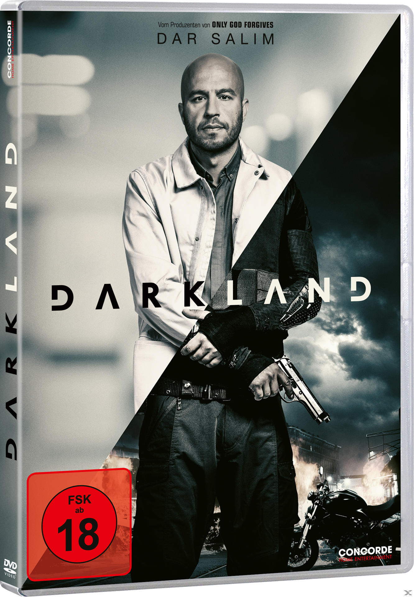 DVD-Cover des Films "Darkland". Ein Mann hält eine Pistole. Der Hintergrund ist eine Stadtstraße.