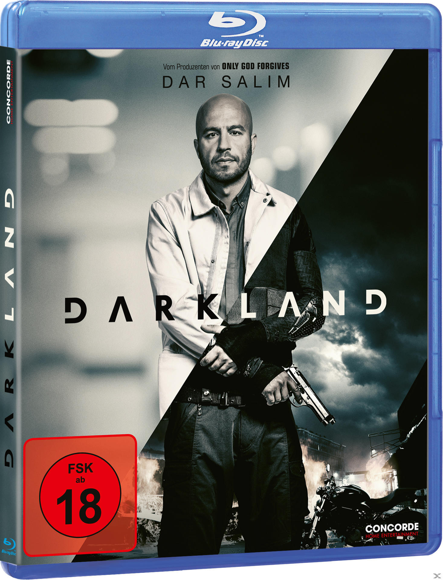 Blu-ray-Cover für 'Darkland'. Mann mit Pistole, geteiltes Bild, halb hell und halb dunkel. Titel: Darkland. FSK 18.