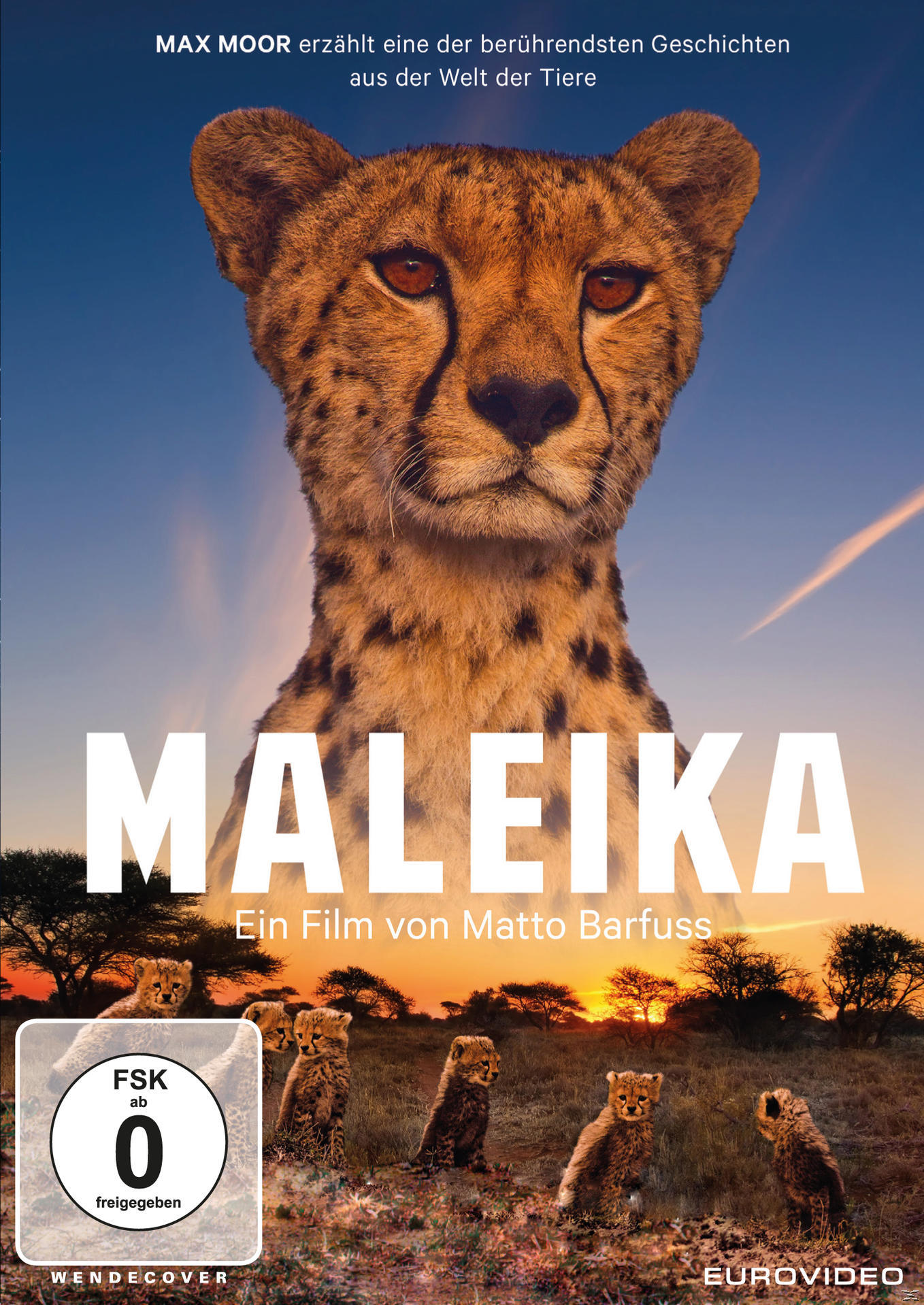 Gepardenkopf mit Titel 'Maleika', Sonnenuntergang und Gepardenbabys. DVD-Cover.