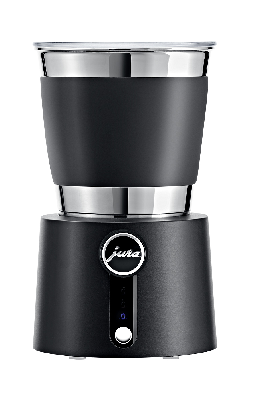 Mousseur à lait Jura noir avec un dessus argenté et une base noire. Comprend le logo Jura.