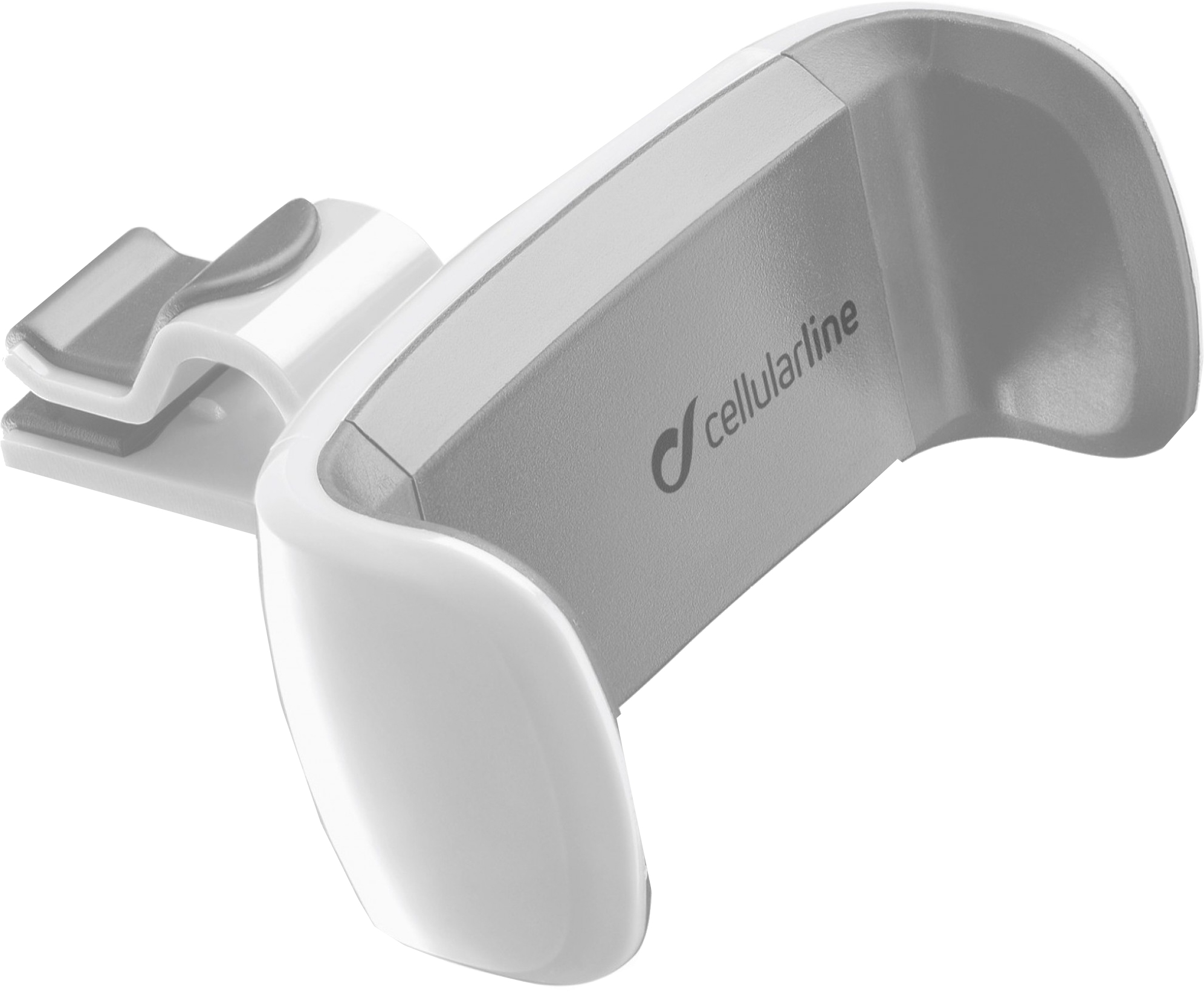 Witte autotelefoonhouder met een grijs, rechthoekig gedeelte voor de telefoon en de merknaam 'Cellularline'.