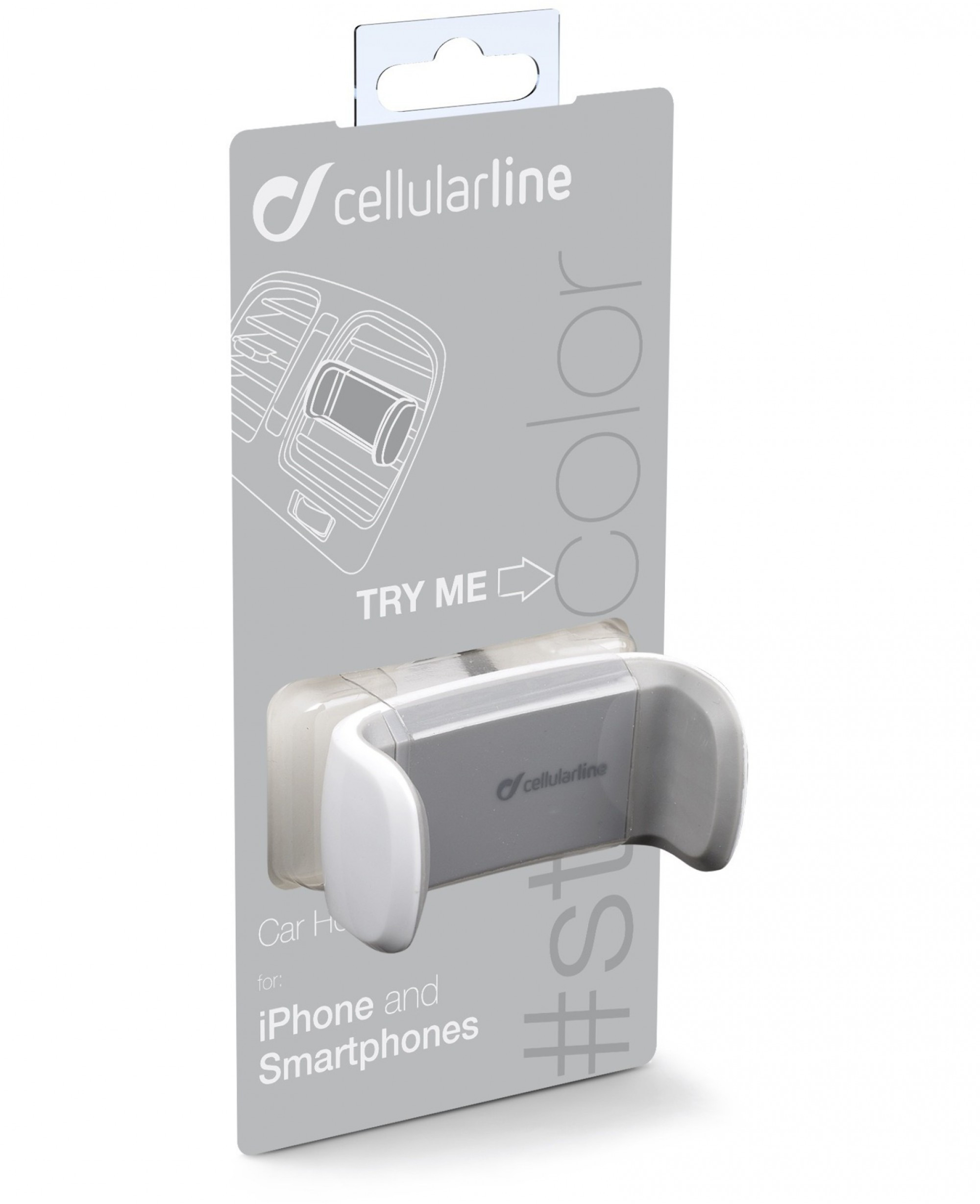 Een grijze telefoonhouder met een grijs en wit ontwerp, verpakt op een kaart.