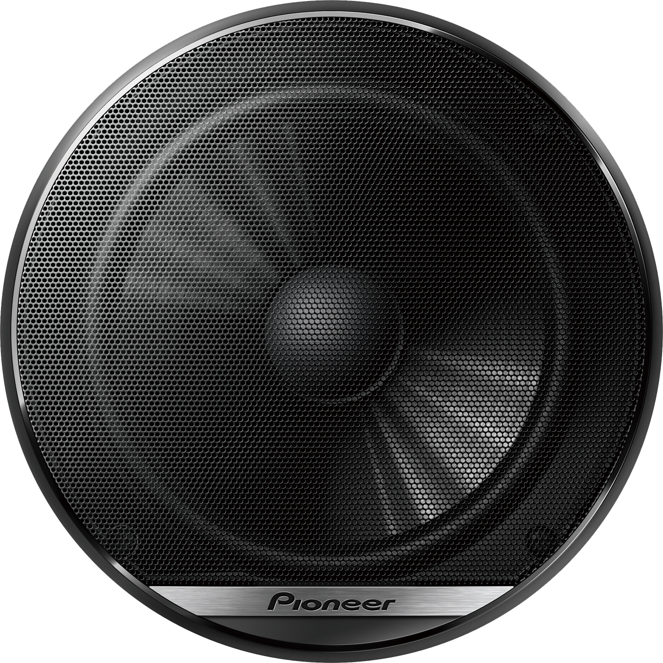 Fekete Pioneer hangszóró ezüst Pioneer logóval fekete háttér előtt.