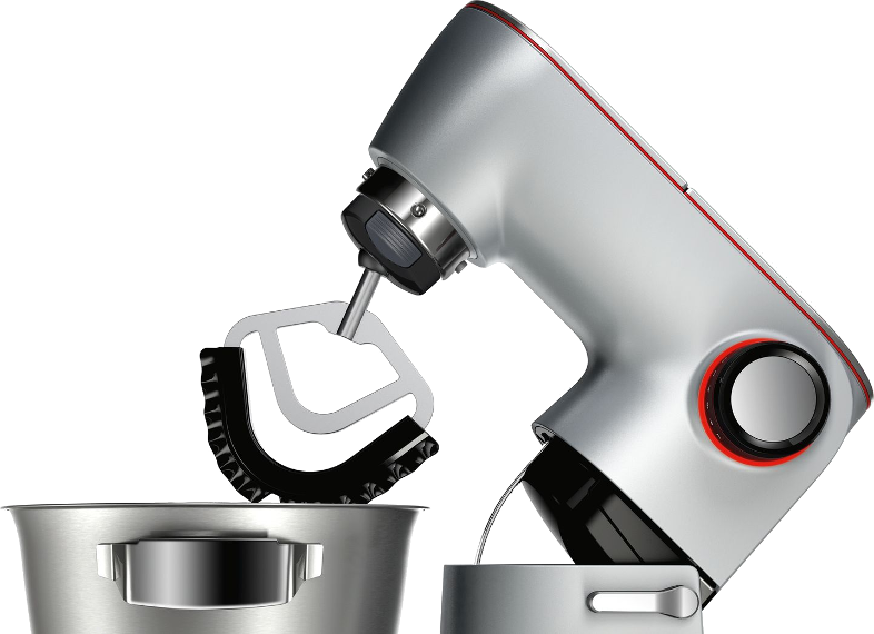 Ezüst és fehér robotgép, fekete-fehér keverőfejjel.