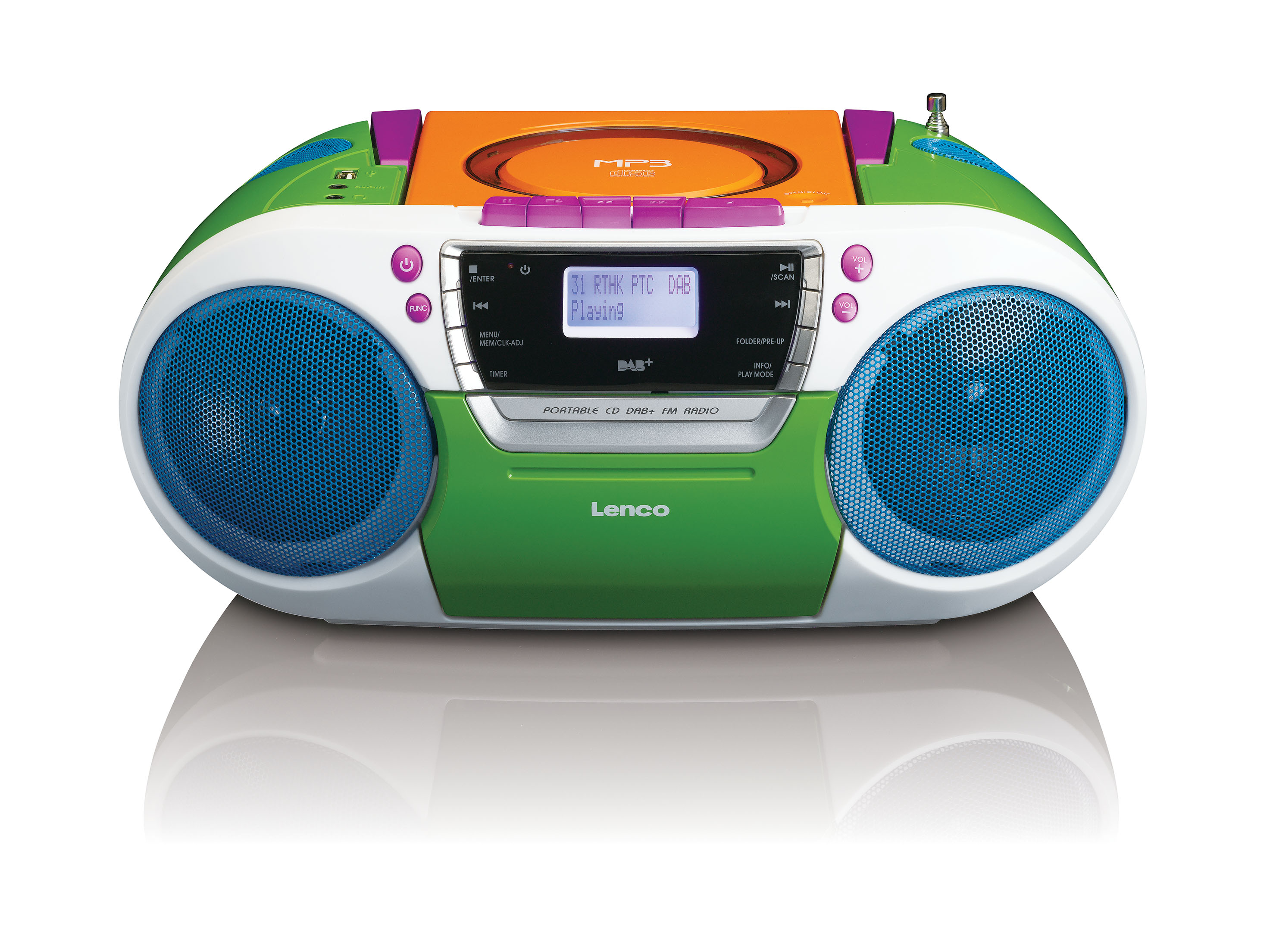 Bunter Ghettoblaster: Grün-weißes Gehäuse, blaue Lautsprechergitter, orangefarbener CD-Player.