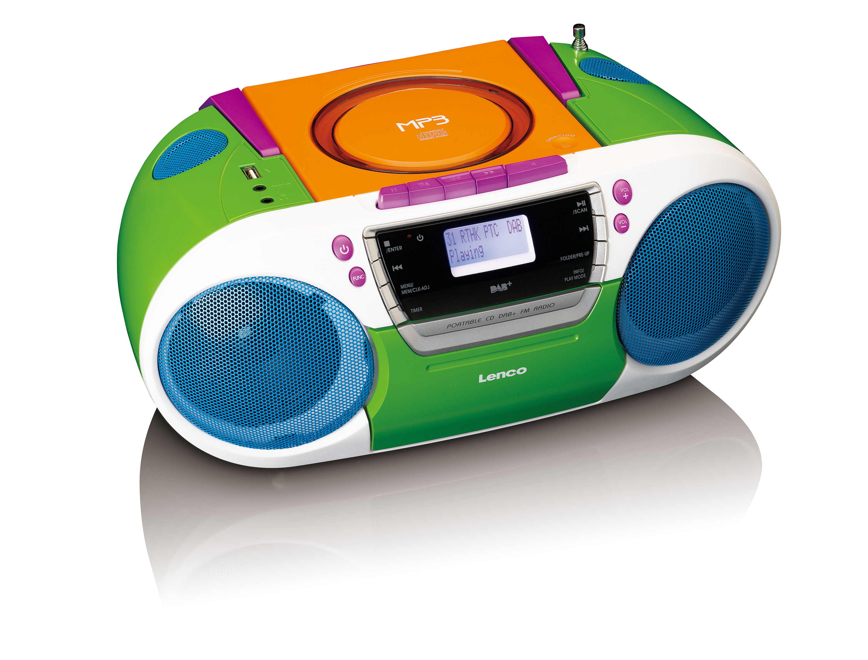 Bunter Ghettoblaster, grün, orange, blau und weiß. Hat CD-Player, Knöpfe und Lautsprecher.